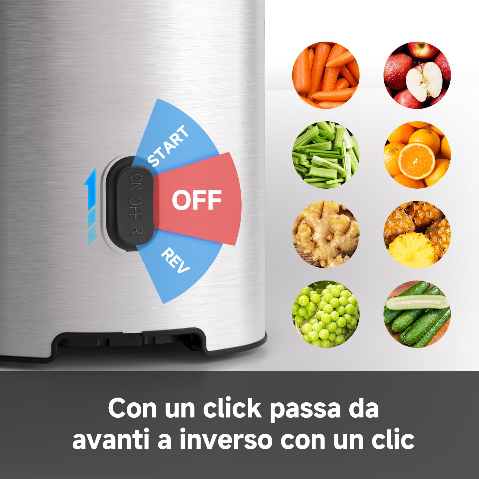 AMZCHEF 120MM Estrattore frutta e verdura - 2L estrattore a freddo Facile da Pulire - Senza Preparazione Estrattore di Frutta e Verdura Intera - Argento[Classe di efficienza energetica A+++]