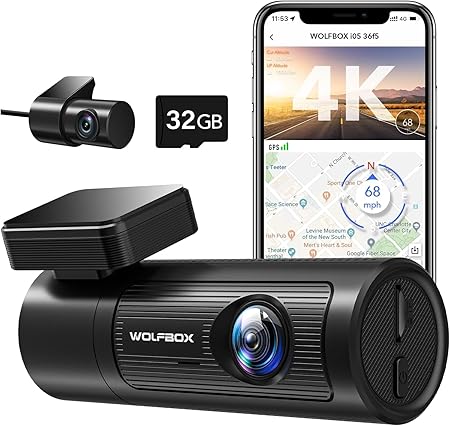 WOLFBOX 4K Dash Cam Front and Rear, Dash Cam with GPS WiFi UHD 2160P/1600P + 1080P,Dash Camera for Cars with 32G SD Card, WDR, Night Vision, Loop Recording,170°FOV