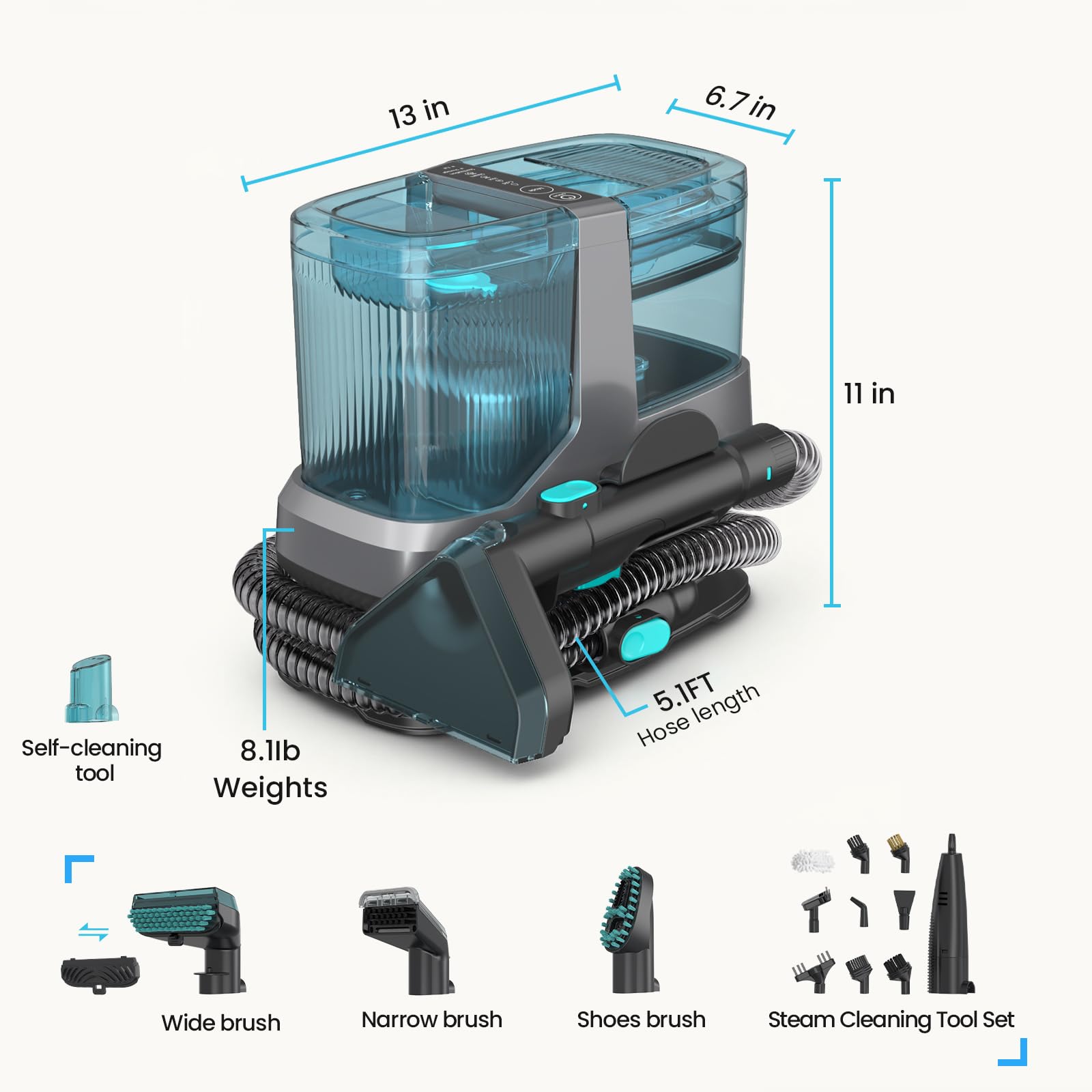 Nettoyeur de tapis à vapeur portable, vapeur à 95 °C et puissance d'aspiration de 18 kPa, nettoyeur de taches pour animaux de compagnie, enfants, tissus d'ameublement, canapés et entretien automobile