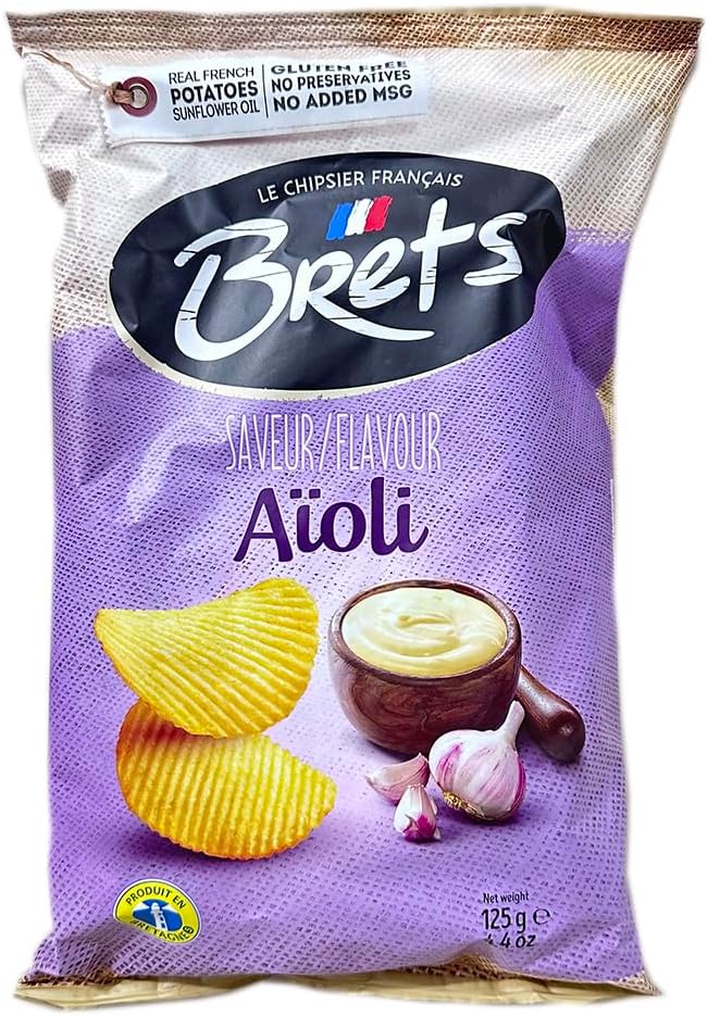 Brets Aioli Crisps Crinkle Cut - Garlic Sauce Crisps Gluten Free Made with 100% French Potatoes Made in France No Perservatives No Added MSG