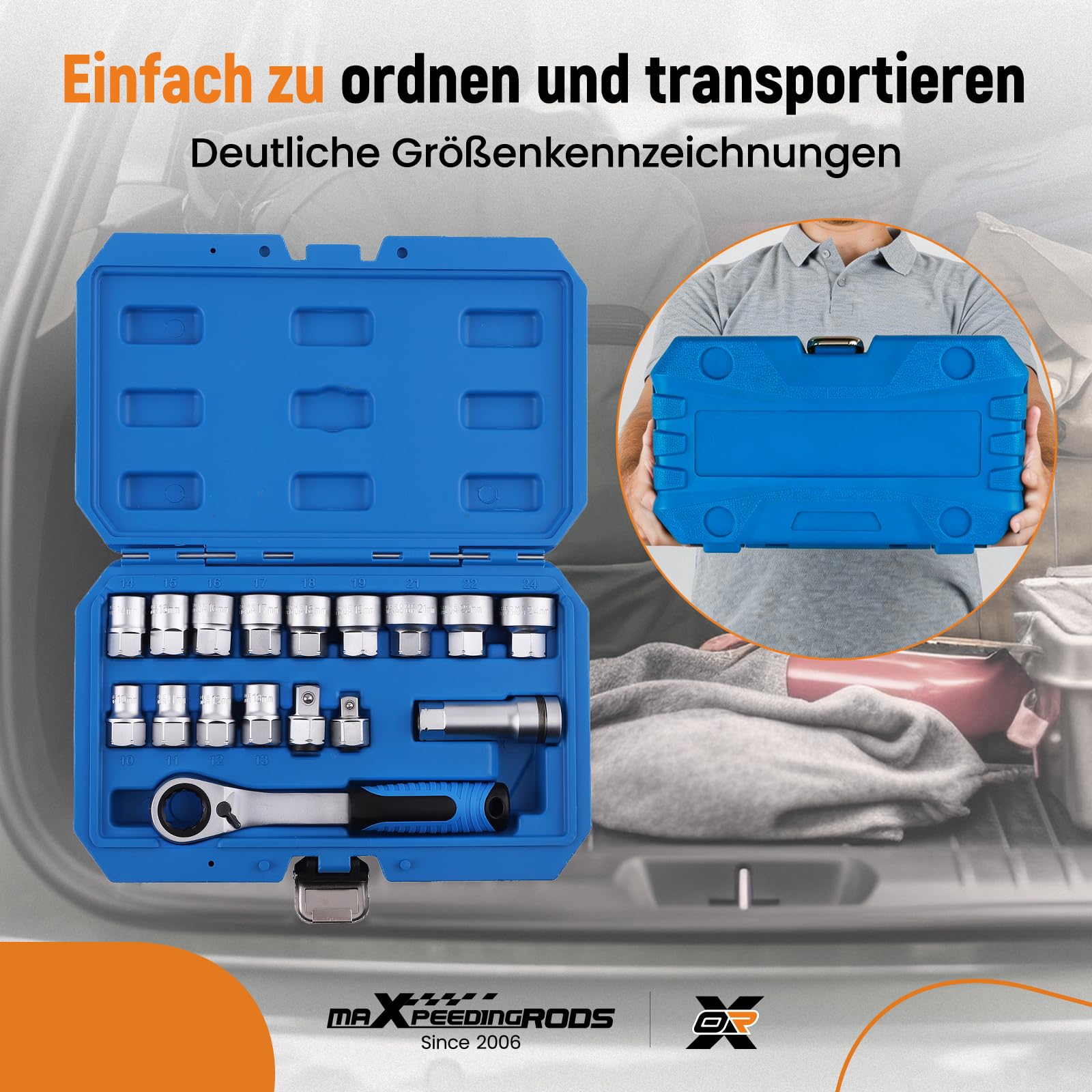 maXpeedingrods 17-tlg Durchsteck Steckschlüssel Satz mit Ratsche CRV 10-24mm für Mechaniker Werkstatt, Umschaltknarre Durchgangs Steckschlüsselsatz 1/2 Zoll und 3/8 Zoll