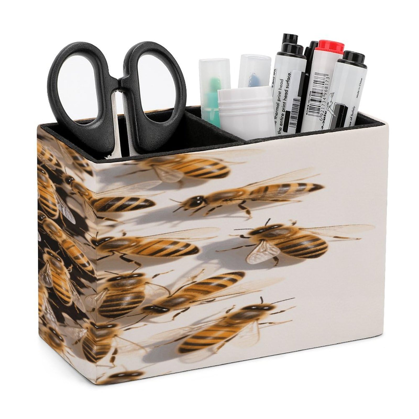 VstaDank Bees Pencil Holder for Desk Organizer 2 Compartments Pen Cup Leather Square Pen Holder Pencil Cup Stand Makeup Brush Holders for Desktop Organizer Storage Case