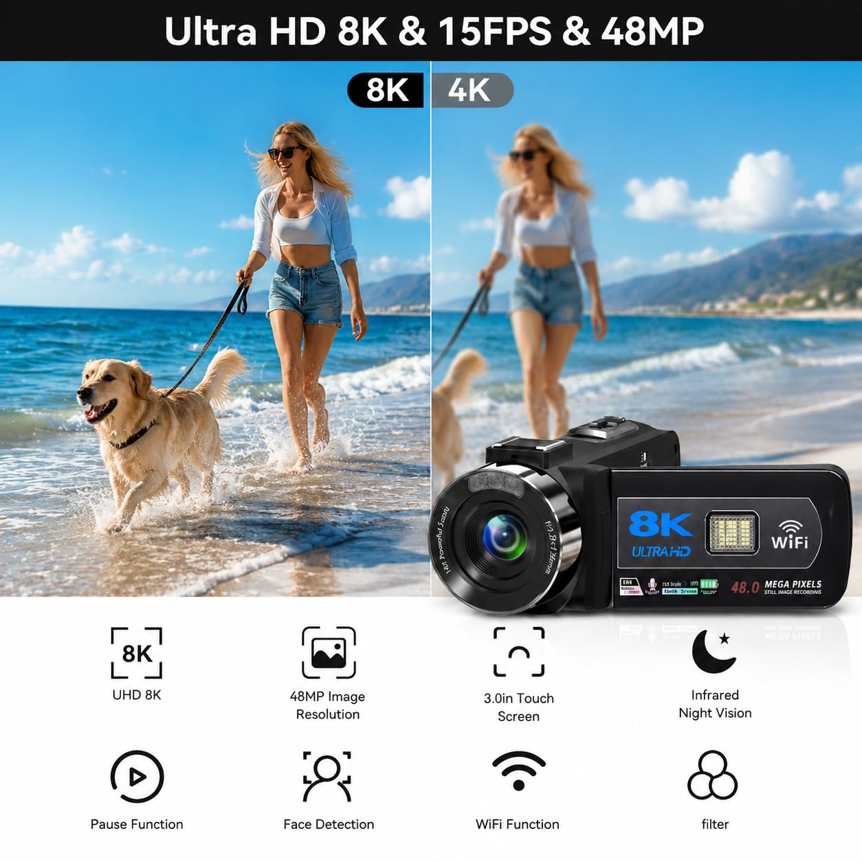 Caméra vidéo 8K 48 MP pour YouTube, zoom numérique 18x, écran tactile 3" WiFi, microphone externe, lumière de remplissage, télécommande, carte SD 32 Go, 2 piles