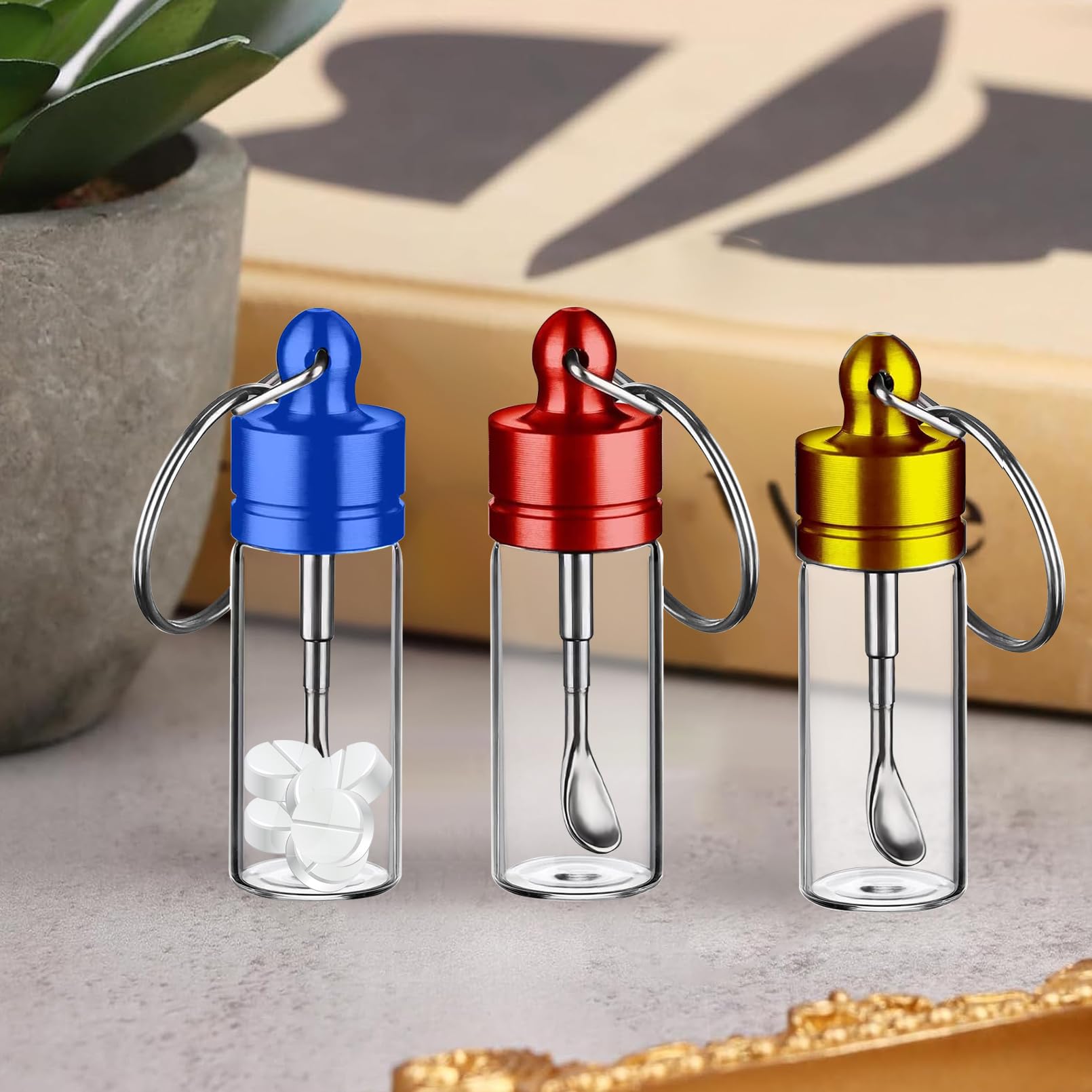 Mini Bouteille Verre, Lot de 3 Contenants Portatifs 6cm avec Anneau pour Épices, Sucre (Rouge, Or, Bleu), Bocaux à Épices Étanches pour Cuisine et Voyage