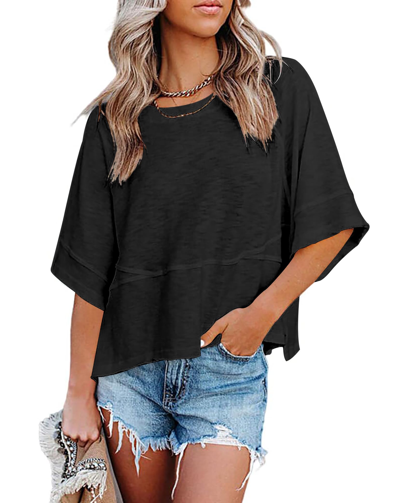 DUOEASE Tshirt Damen Rundhals Kurze Oberteile Damen Casual Locker T Shirt Basic Einfarbig Sommer Top
