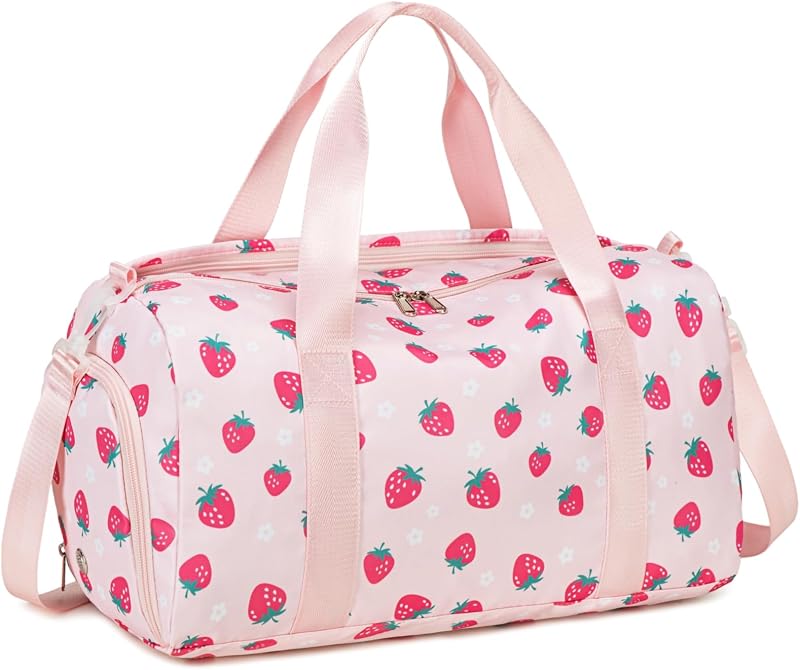 Kids Duffel Overnight Bag Boys Girls Toddler Weekender Carry-On Personalized Tote for Travel Gym Sport (B-Pink Strawberry)