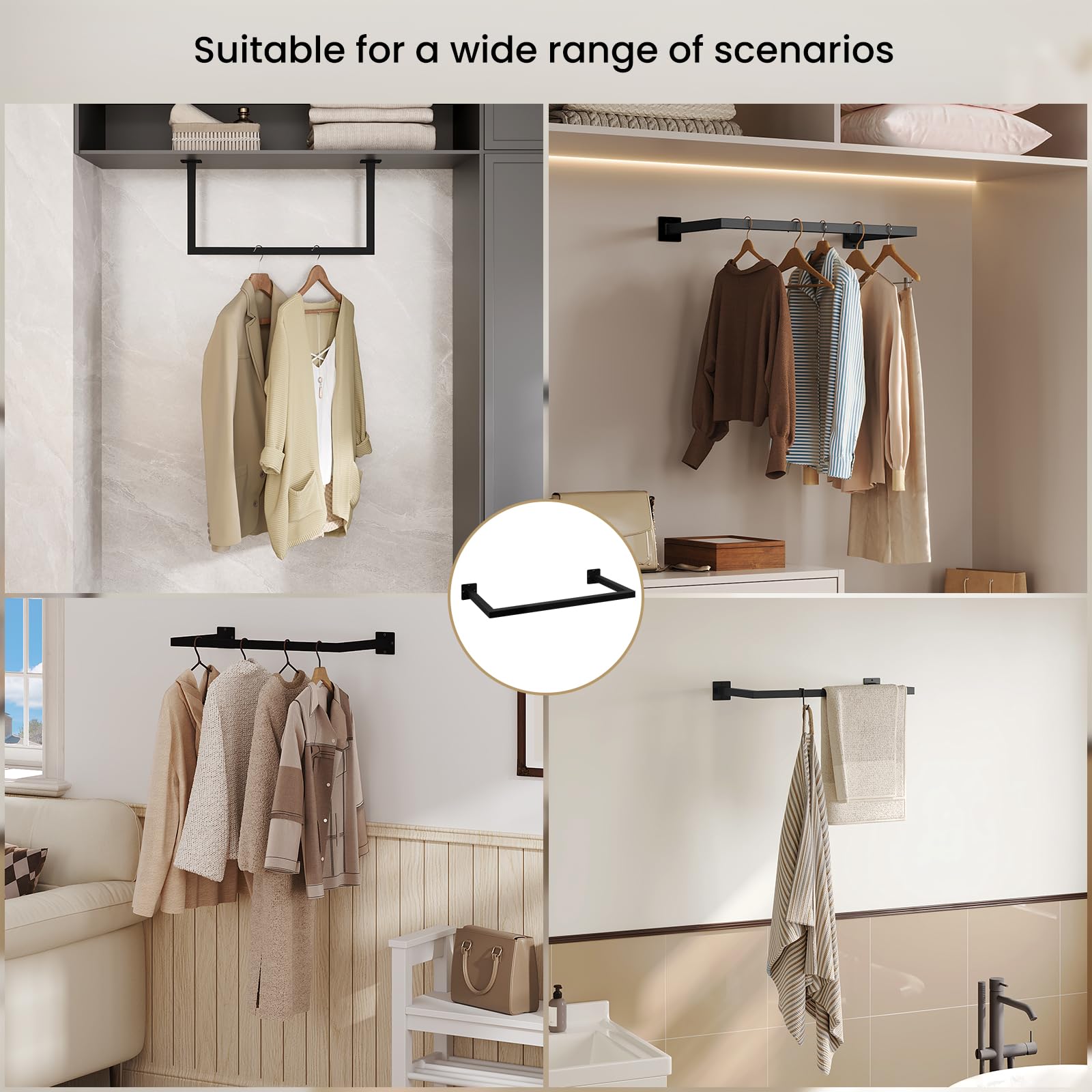 eSituro Percheros de Pared, Set de 2 Barras Colgar Ropa, Rieles de Pared Rectángulo, Barra Perchero Industrial, para Pasillo Cocina Salón Baño, Tubo Resistente, 64x6,5x30 cm, Negro