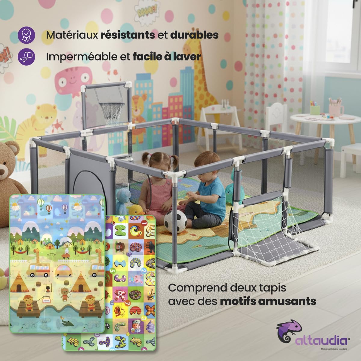 Parc pour bébé + tapis de jeu + ballon de football et basket-ball - Parc pour bébé pliable 180 x 120 x 65 cm - Parc de jeux pour bébé avec maille respirante - Gris