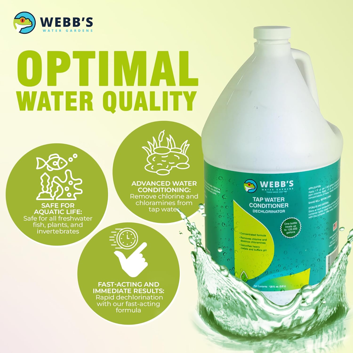 Webb's Water Gardens Essential Tap Water Conditioner Dechlorinator - Ideal for Ponds, Freshwater & Aquariums - Concentrated Formula for Dechlorinated Water - Liquid Supplies for Aquatic Pets - 1 gal