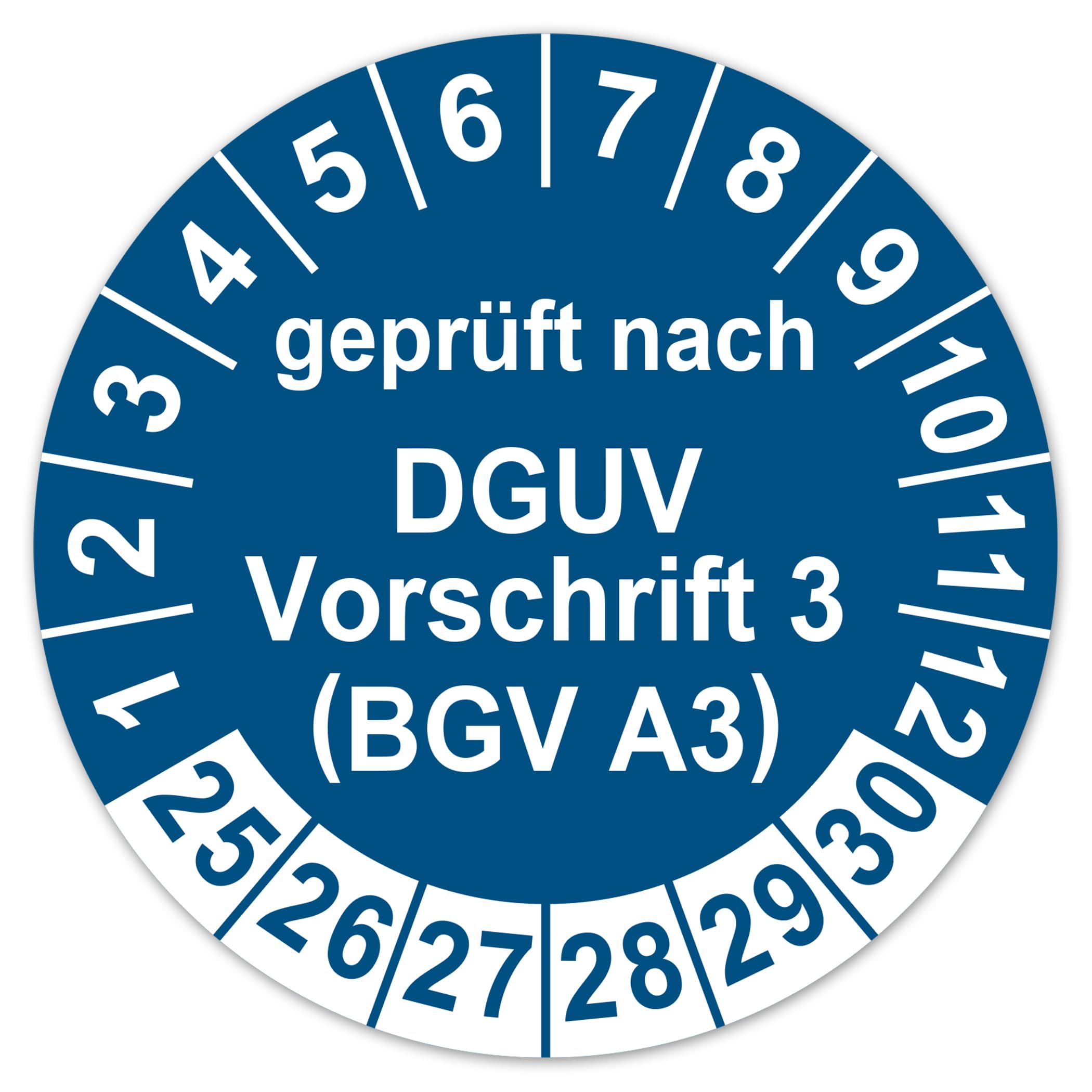 Prüfplaketten geprüft nach DGUV Vorschrift 3 BGV A3 Prüfaufkleber 2025-2030 Aufkleber Prüfetiketten Vinyl Plaketten Folie selbstklebend wasserfest LTA011 (100, Blau, ø20mm)