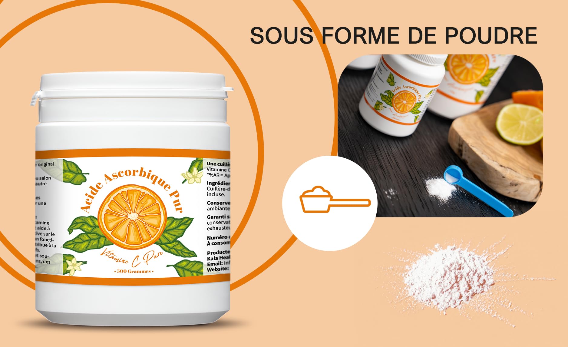 Kala Health - Vitamine C Pure 5 kg - Poudre de vitamine C - Acide ascorbique pur - Fourniture de 5000 jours x 1000 mg dosage élevé - Avec cuillère-doseuse - Végétalien - Qualité premium