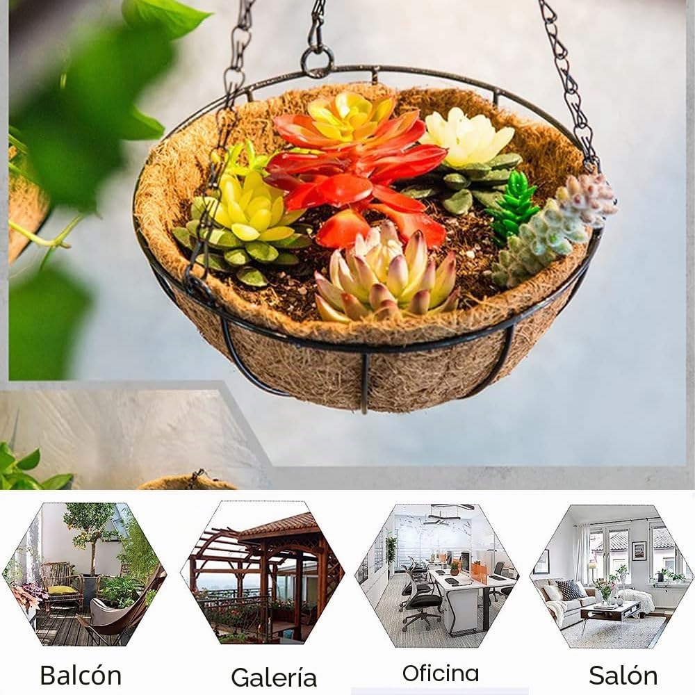 2 cestas colgantes de coco, para exteriores, cestas colgantes de metal, con inserto de coco, para decoración de jardín interior y exterior (21 cm)