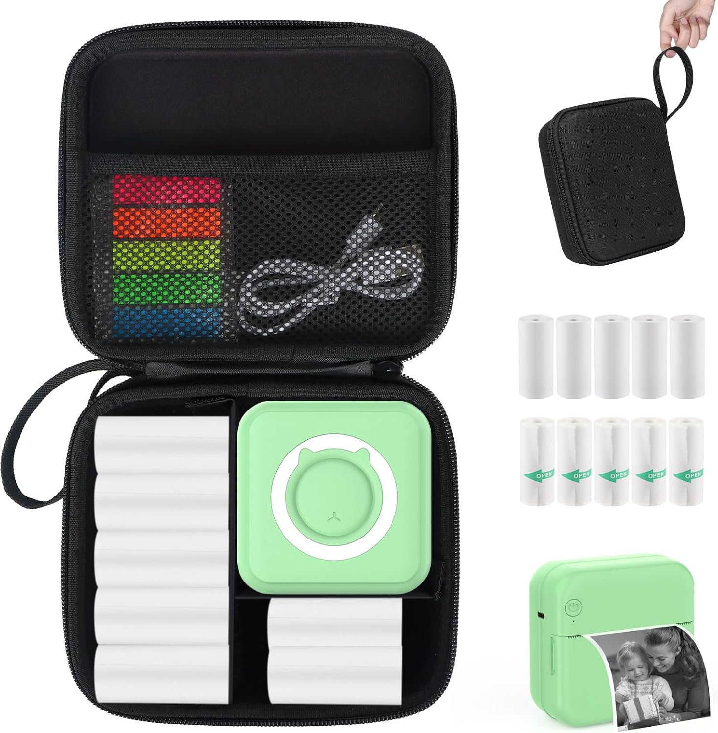 Green Mini Pocket Printer with Black Case, Thermal Printers with 10 Rolls Thermal Paper, Portable Photo Printer for Travelling, Journal, Memo, Photo, Study Notes, Shopping Lists