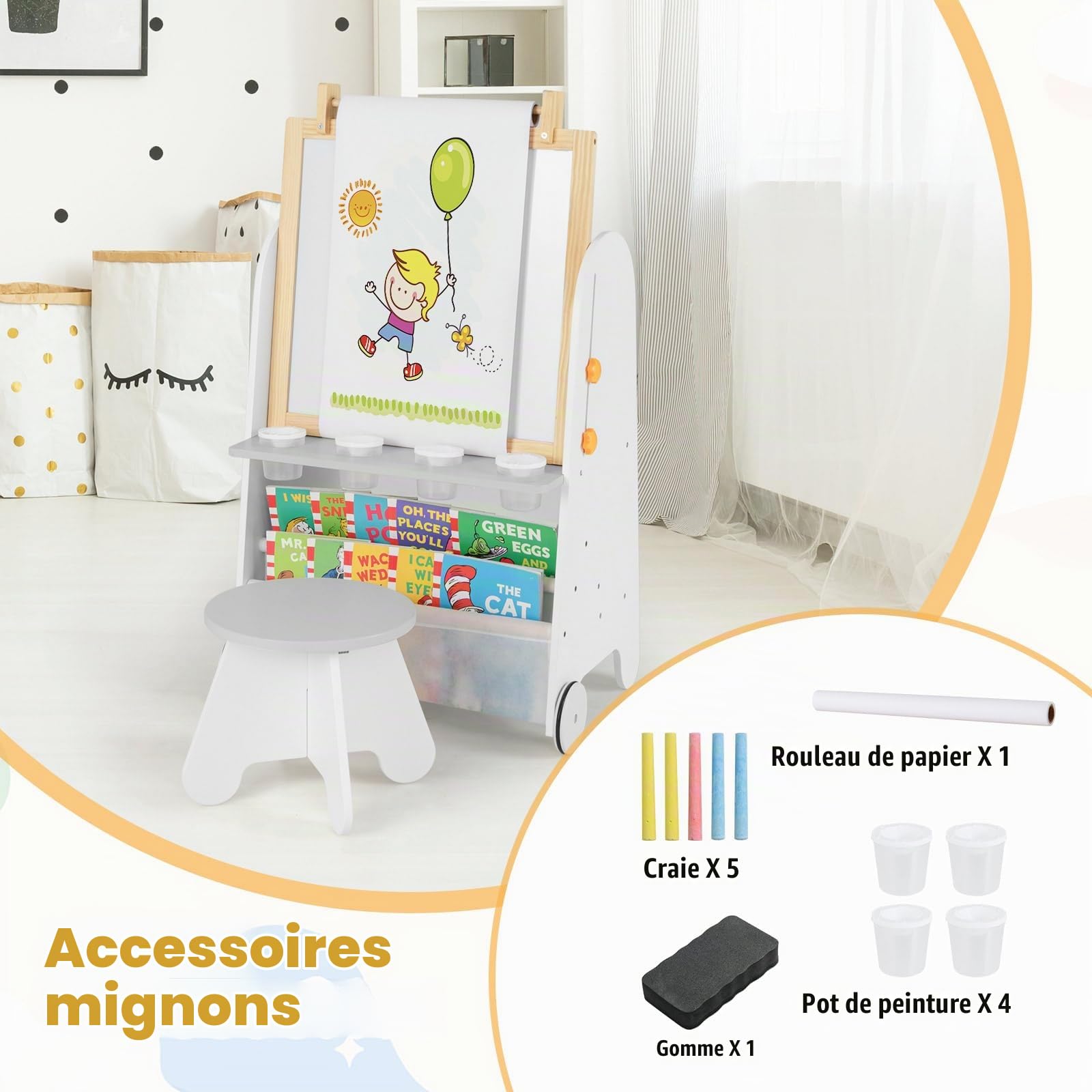GOPLUS Table Enfant avec Chaise, 4 en 1 Tableau Enfant Double Face Amovible et Hauteur Réglable, avec Plateau Magnétique, Rouleau de Papier, Bibliothèque, Table à Dessin pour 3+ Ans