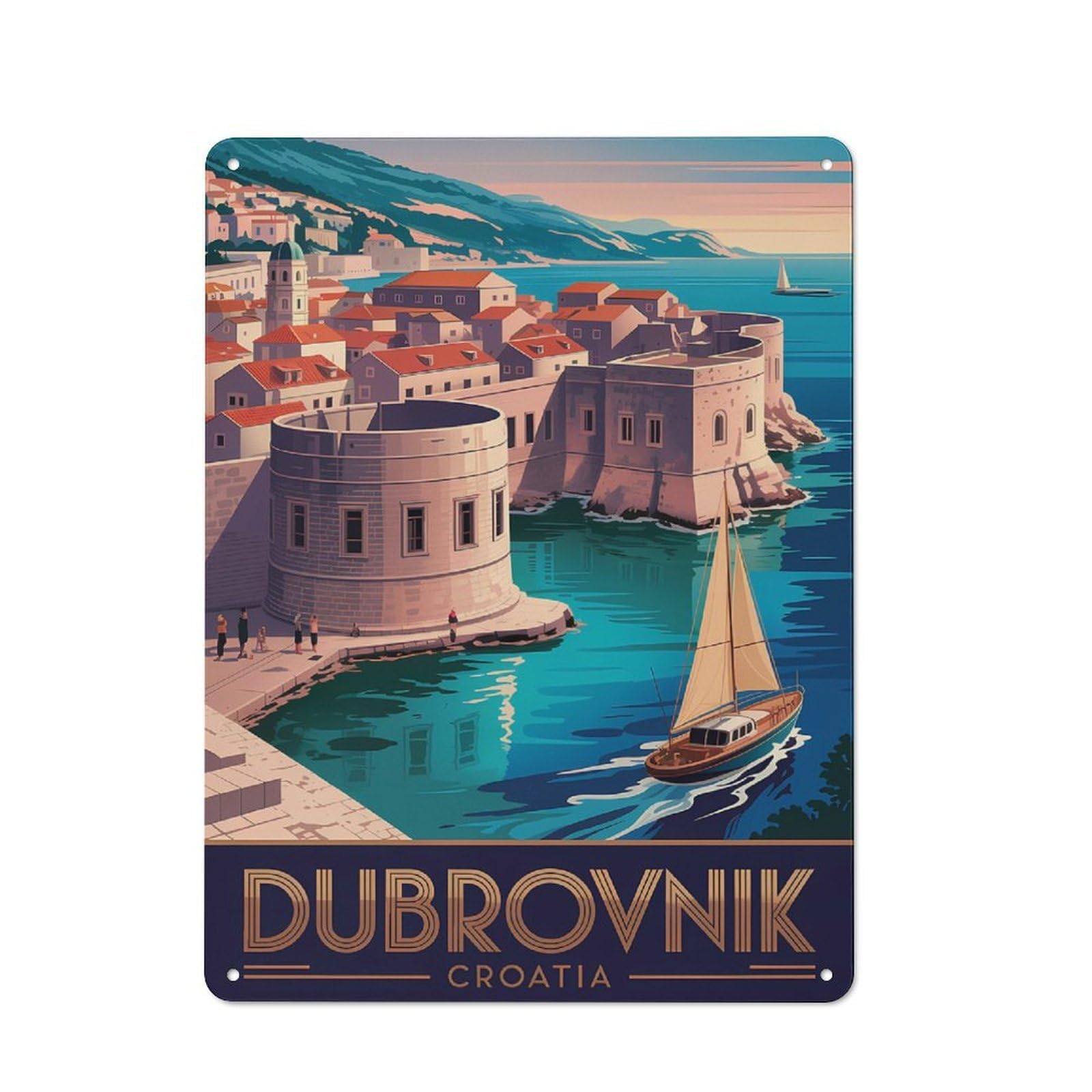 Junmoney Style-19 Barn Style Farmhouse Metal Sign 40X30cm Featuring Dubrovnik, Croatia Vintage Travel, Cottage Wall Art For Kitchen, Cottage, Porch Or Garden Room