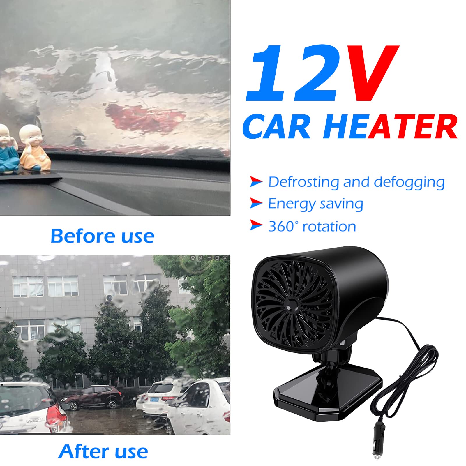 Draagbare autoverwarming, autostoelverwarming, 2-in-1 autoontdooier, autoverwarming en voorruitontdooier, 360 graden draaibaar, 150 W, 12 V, autoverwarming, die