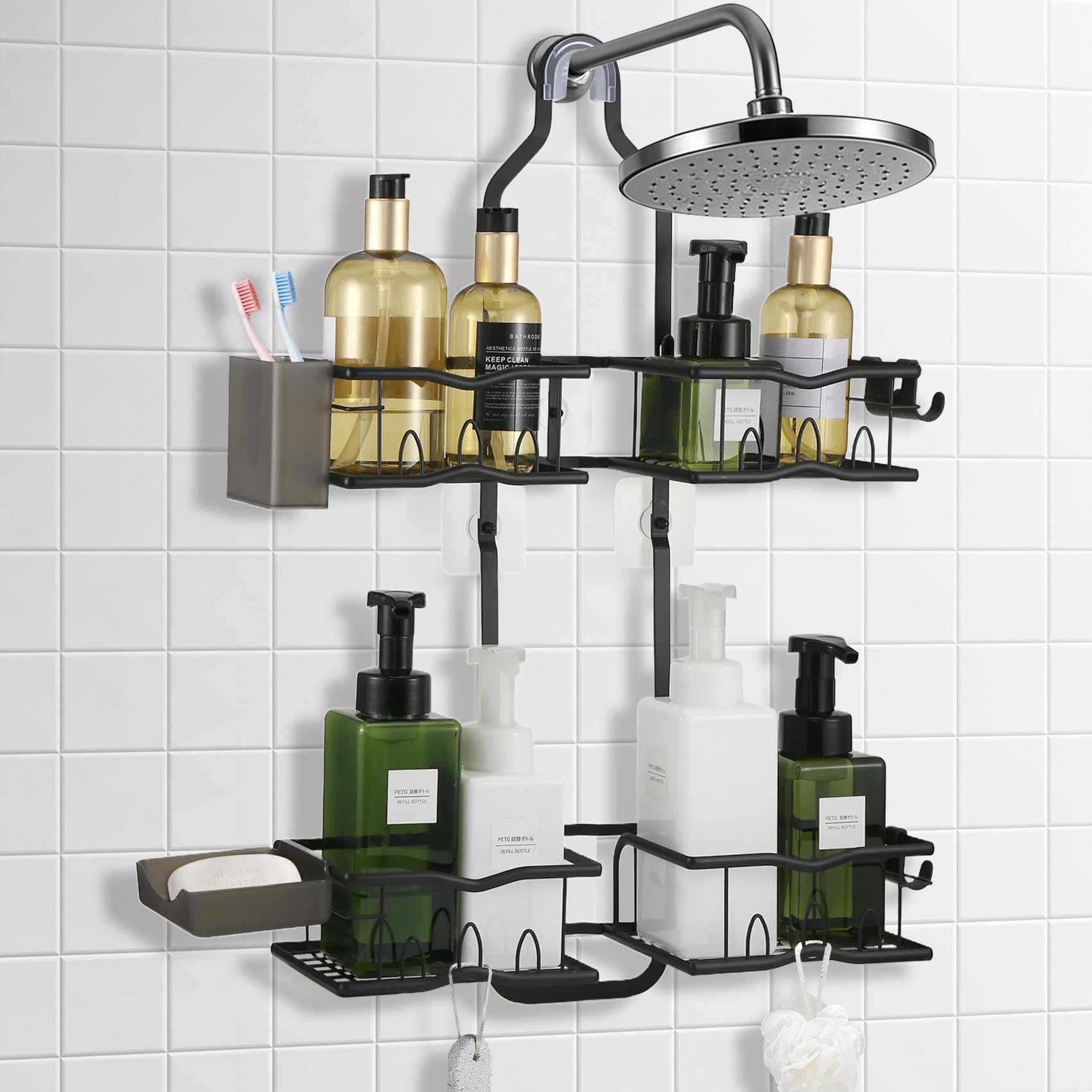 Yocdunm Shower Hanging, Shower Shelf No Drilling Shower Organiser with Hooks for Razors Over the Head with Soap Holder Bathroom Accessories, Black
