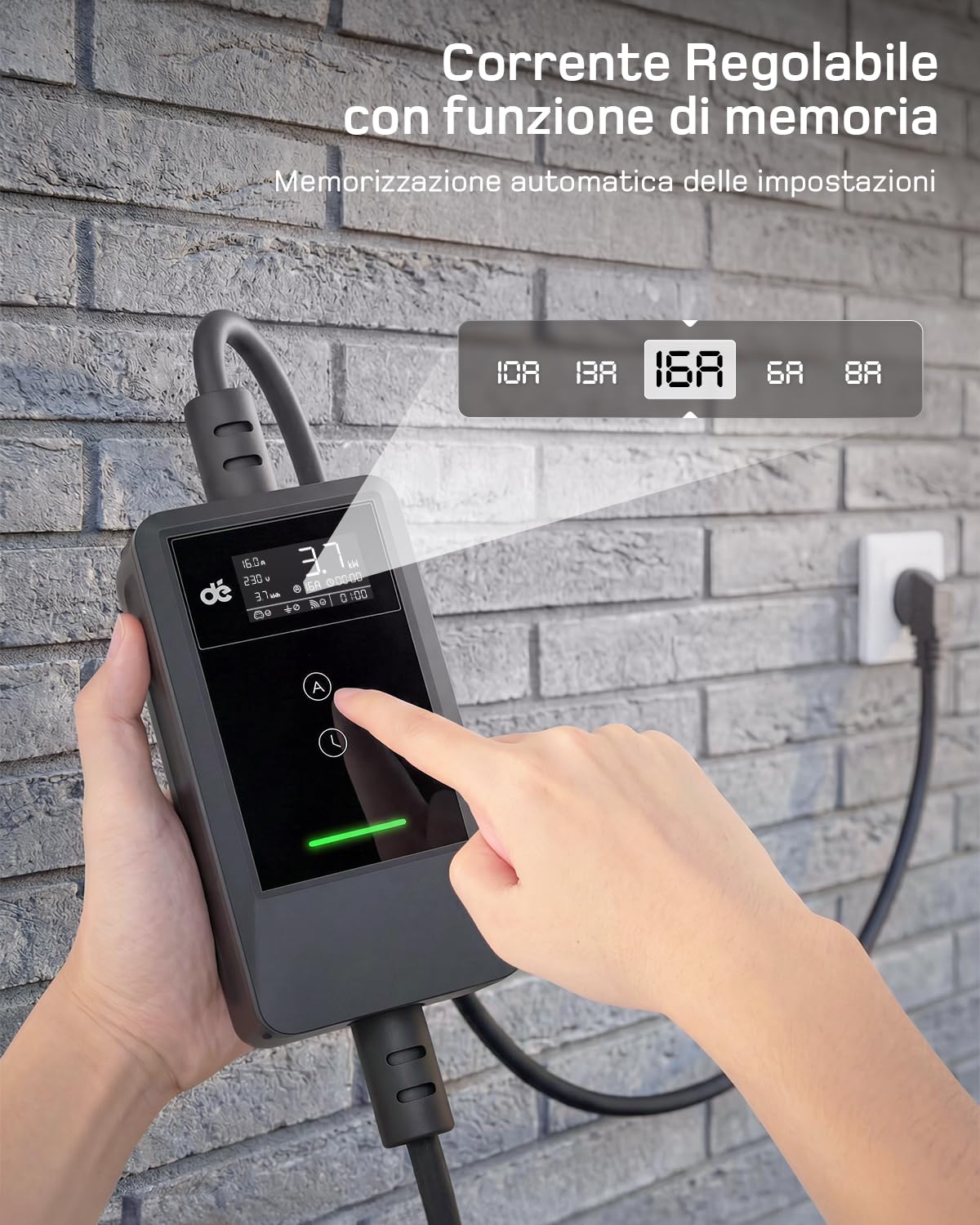 Carichino Auto Elettrica Portatile Tipo 2 Schuko 3,7kW 7m 6–16A LCD Caricatore EV PHEV