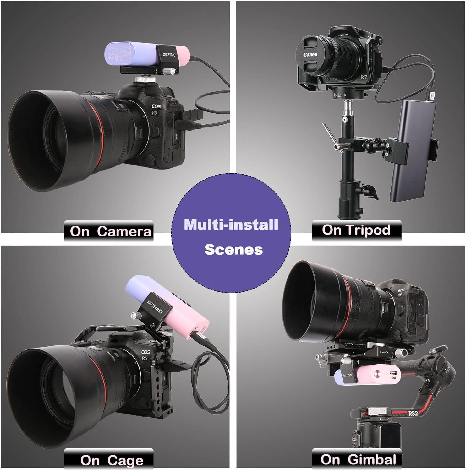 NICEYRIG Aluminium Power Bank Clamp für DJI RS 2/RS 3/RS 3 Pro,50mm - 88mm Wide Range Universal Portable Charger Holder mit abnehmbarem Cold Shoe Mount für DSLR Kamera,Gimbal System