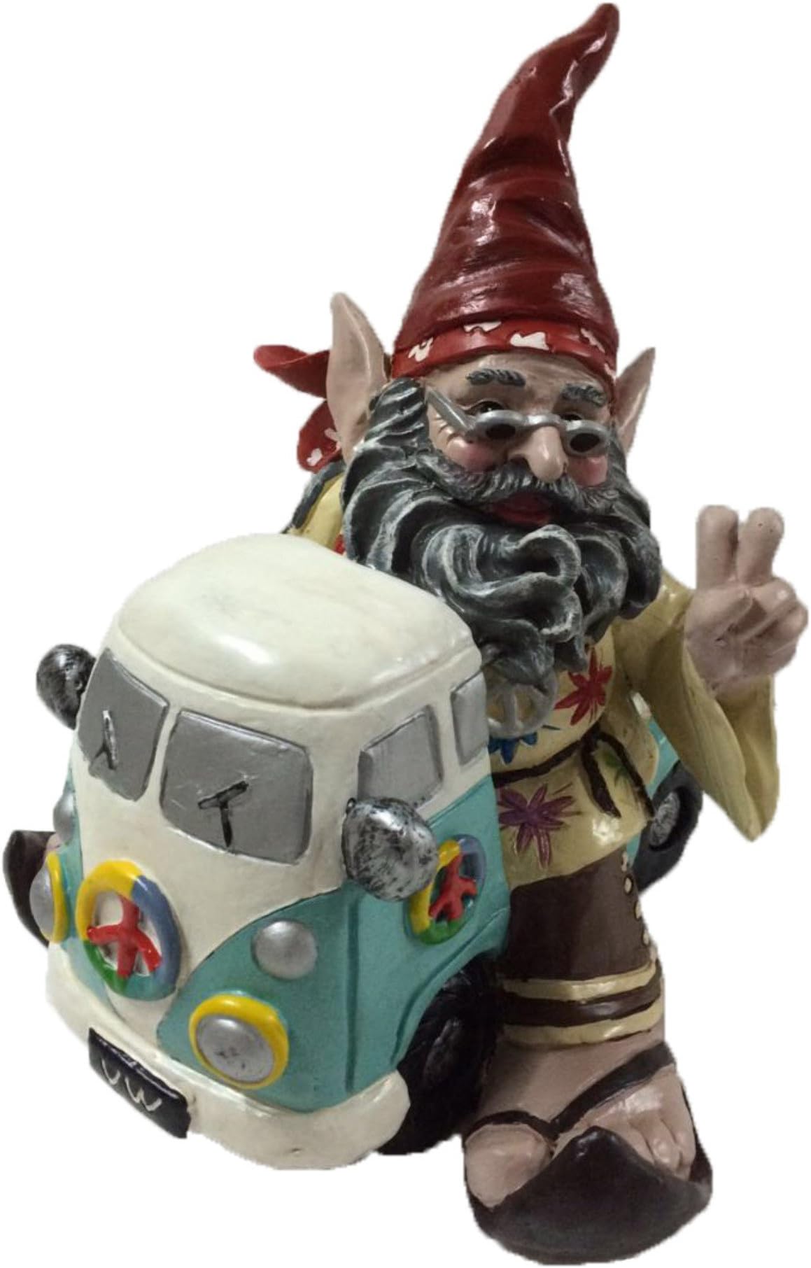 Nowaday Gnomes - The 60's Jerry Peace Man Hippie Gnome Riding in His VW Bus Home & Garden Gnome Statue 11" H