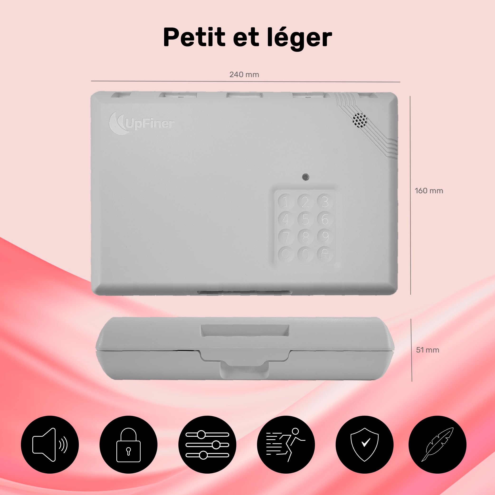UpLock V1 : Mini coffre fort portable avec verrouillage interne et alarme, coffre nomade pour sécuriser vos objets en voyage : camping, hôtel, au bureau, à la maison, coworking etc…