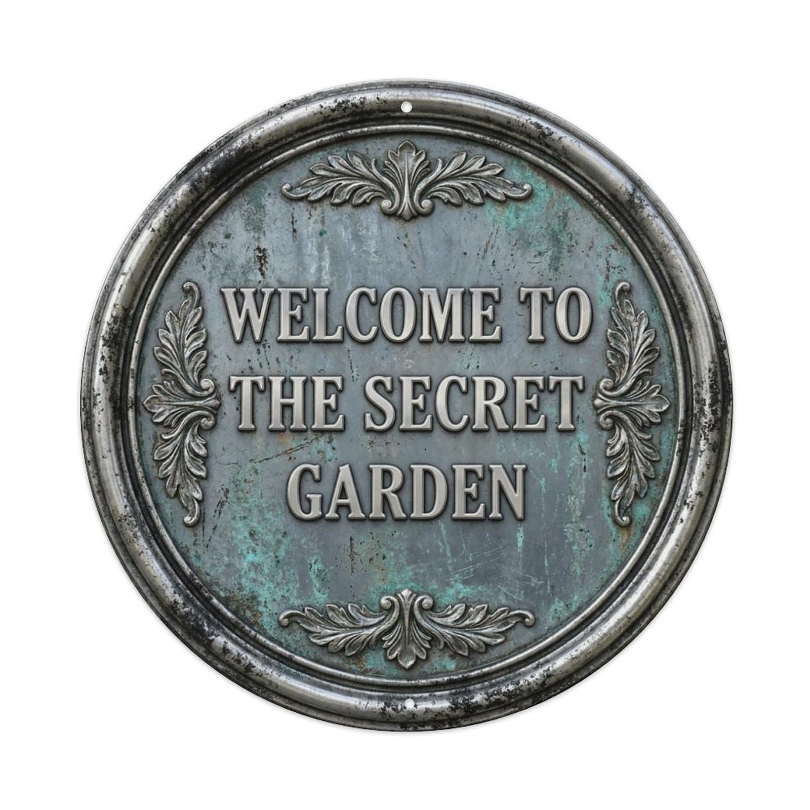Vintage Welcome Secret Garden Silver Greyblue Leafy Metal Tin Sign