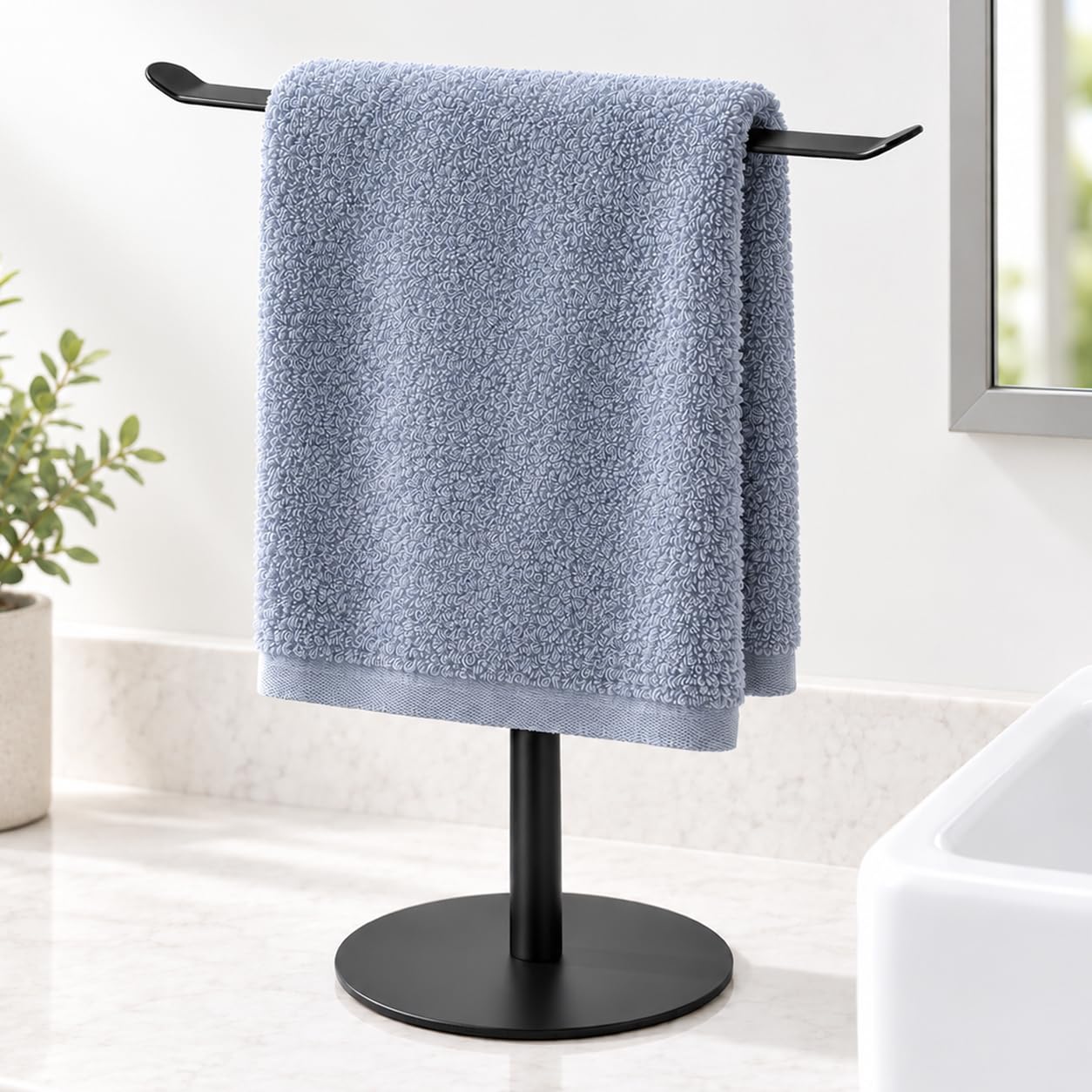 Black T-Shaped Hand Towel Holder Stand for Countertops, Stainless Steel