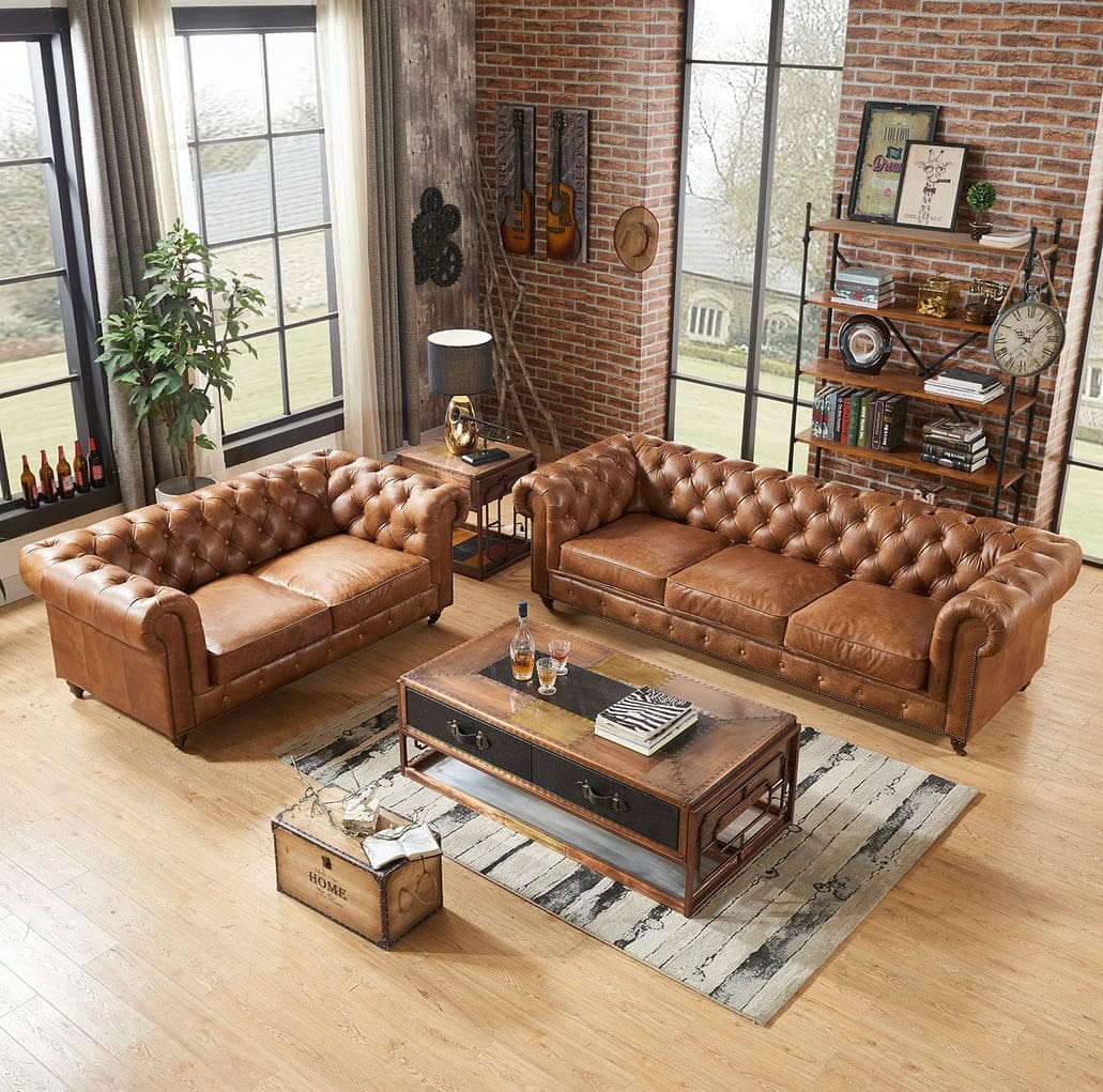 ND EURO HANDICRAFT Modern Sofa & Classic Leatherette Chesterfield Sofa (3+2) 5 Seater Sofa Set (Tan Brown)