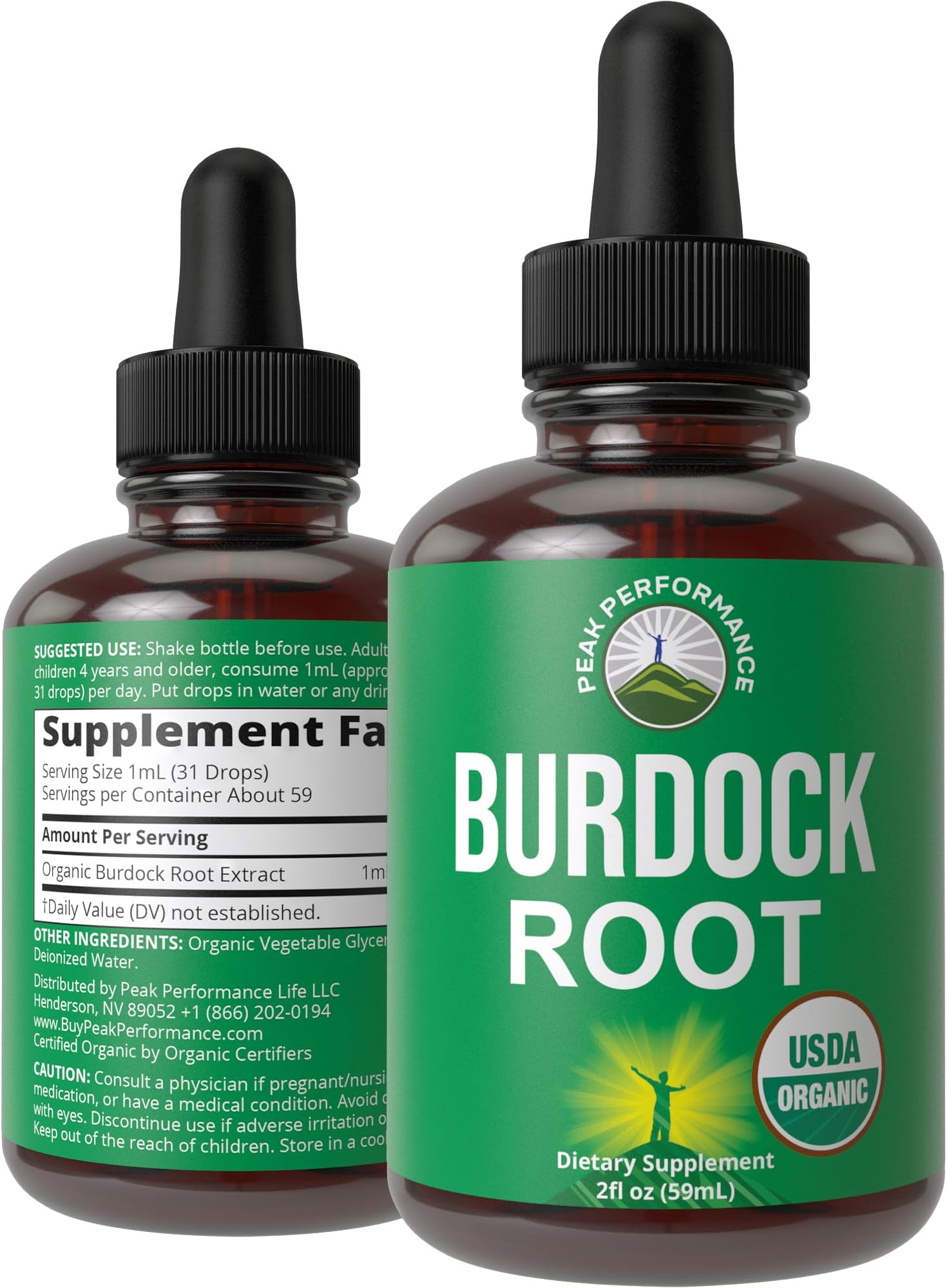 Peak Performance USDA Organic Burdock Root Liquid Drops Supplement - Vegan Extract Oil Herb Tincture for Women and Men - Zero Sugar, Gluten Free, Non-GMO Supplements - 2 fl oz