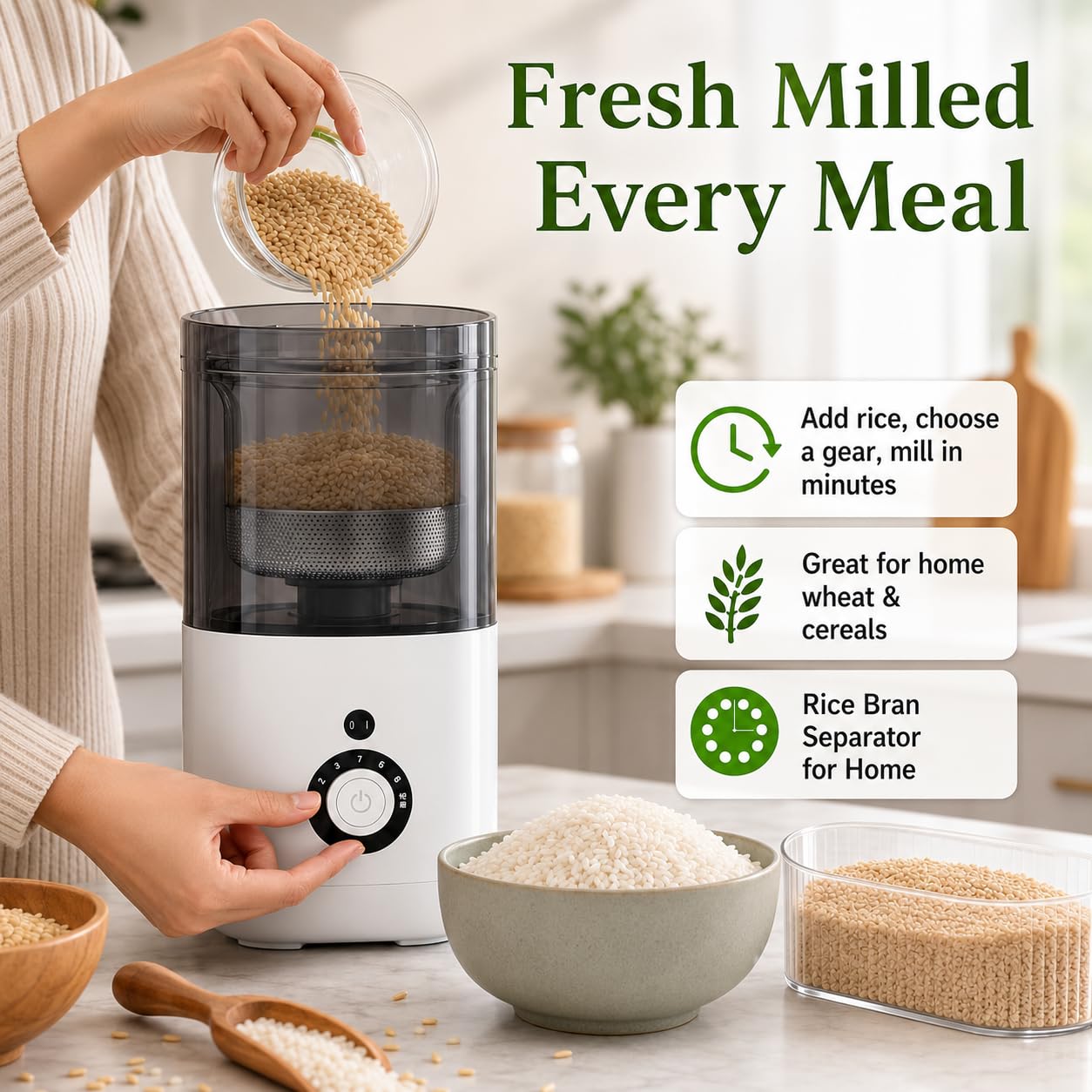 Fresatrice per riso per uso domestico con separatore di crusca da 480 ml, tazza di misurazione e precisione a 7 marce per grano e cereali