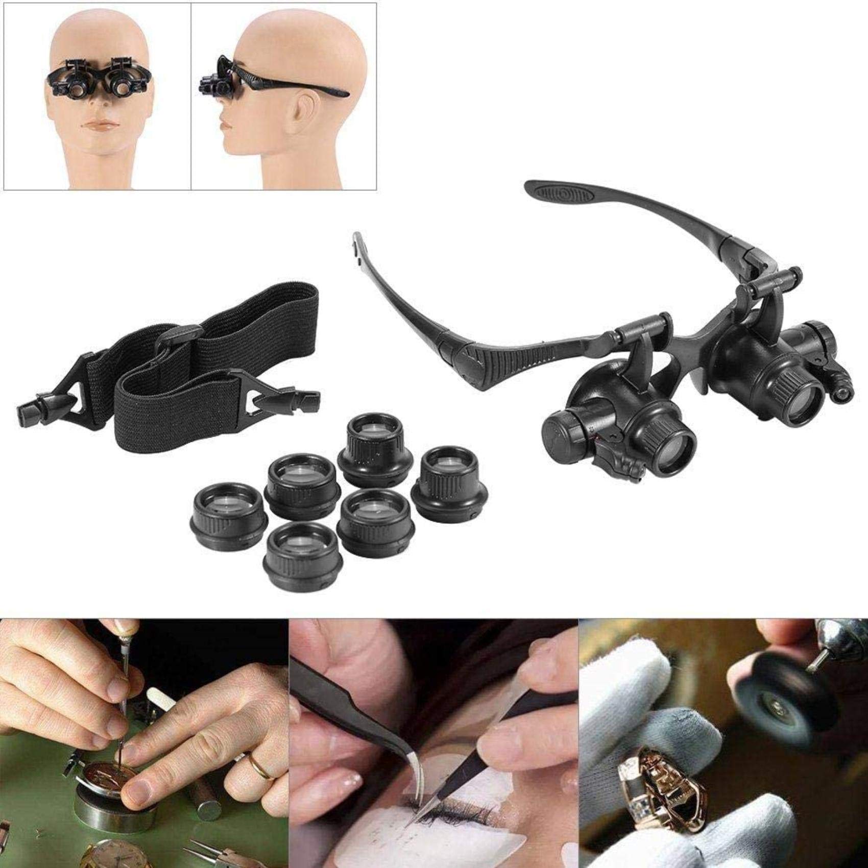 Lupa con Luz Montada En La Cabeza, Lupa De Diadema Manos Libres, Lupa para Reparación De Relojes con Luz Led, Cambia Entre Diferentes Aumentos, Dos Modos De Uso.