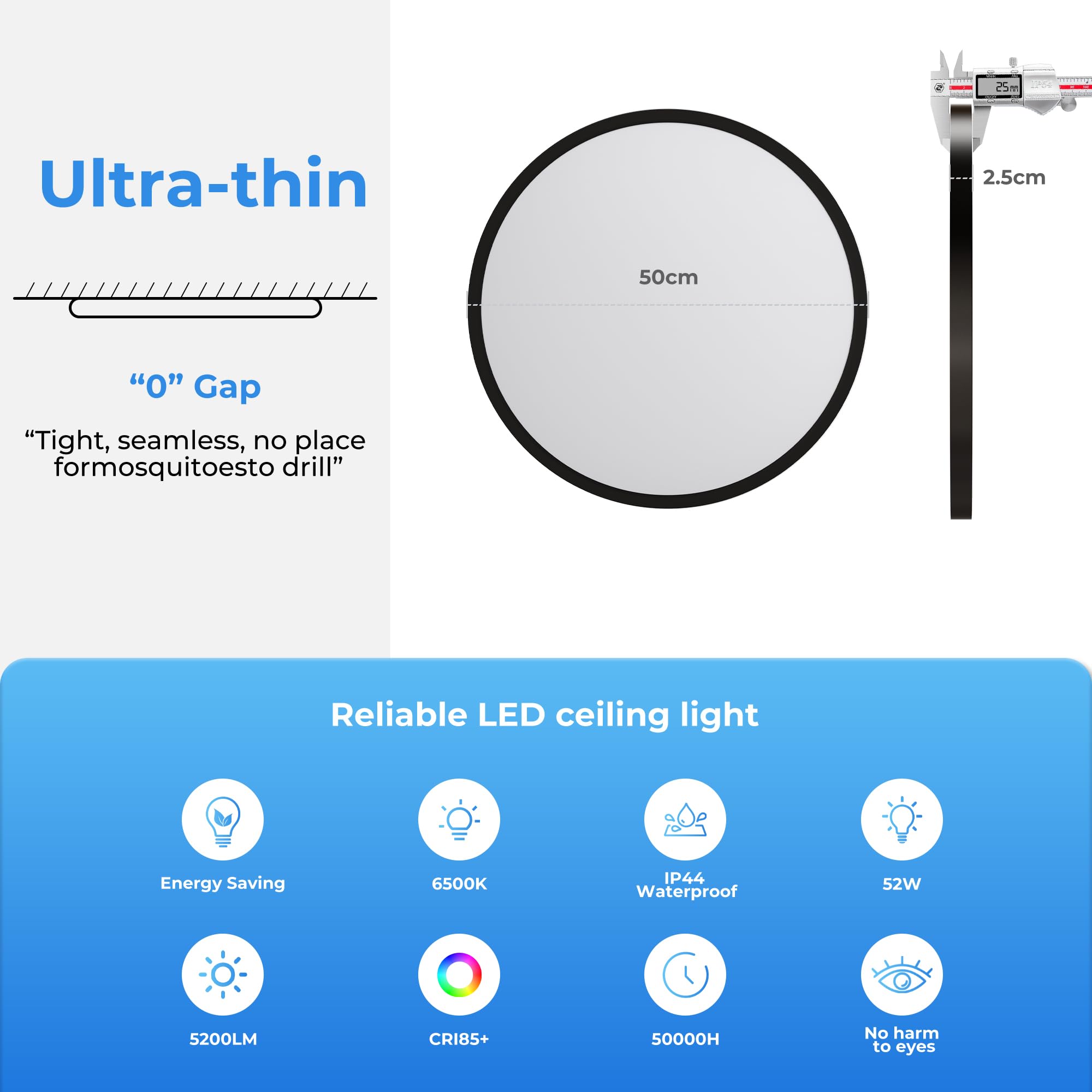 OTREN Plafonnier LED 52W, 5200LM Moderne Rond Luminaire Intérieur, IP44 Etanche Lumière de Salle de Bain, Ultra Mince Noir Lampe de Plafon pour Salon Chambre Cuisine Bureau, Blanc Froid 6500K, Ø50cm