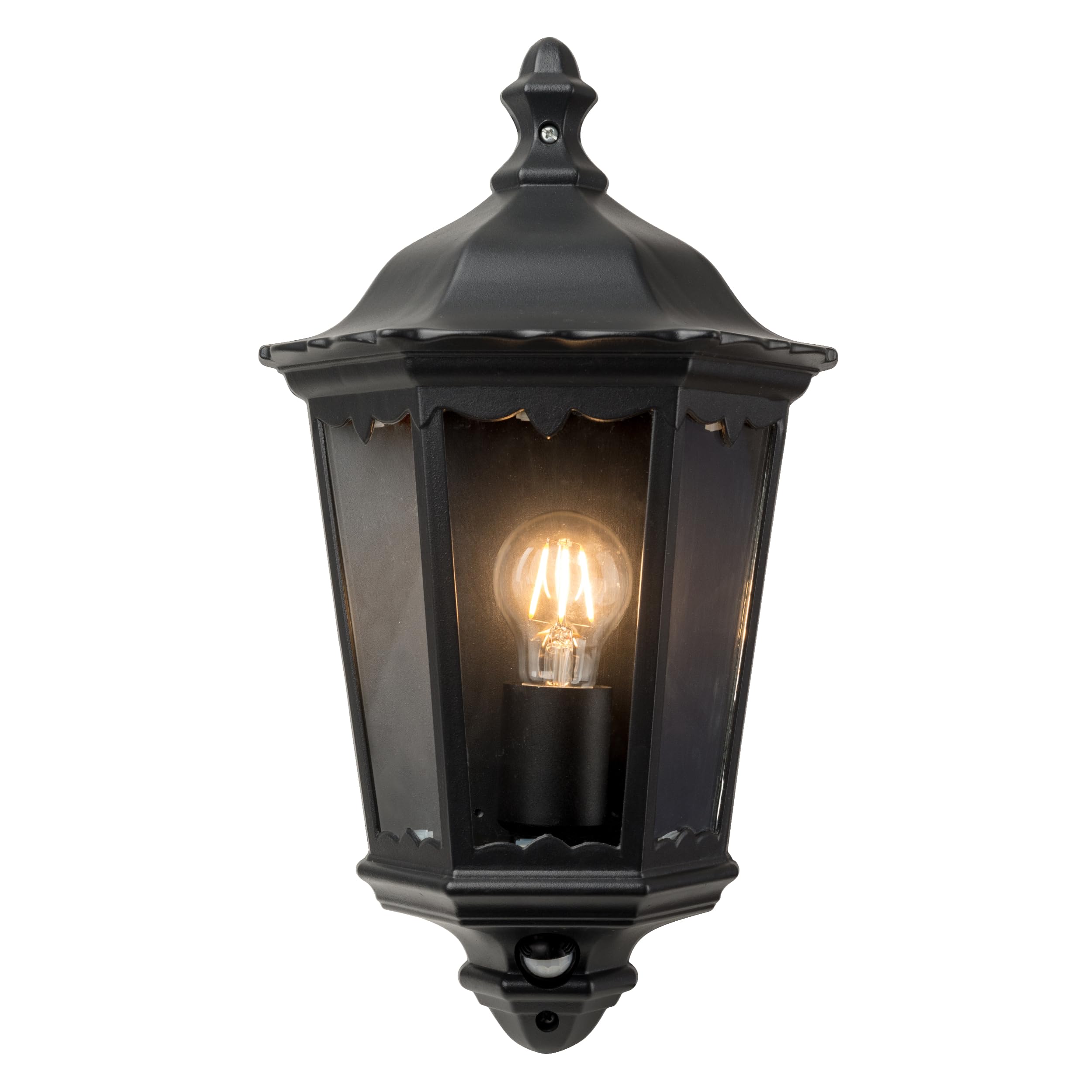 firstchoicelighting Outoor Motion Sensor Activated Wall Light, Matt Black Clear Glass, IP44 Waterproof, LED Compatible, Half Lantern Porch Security Light