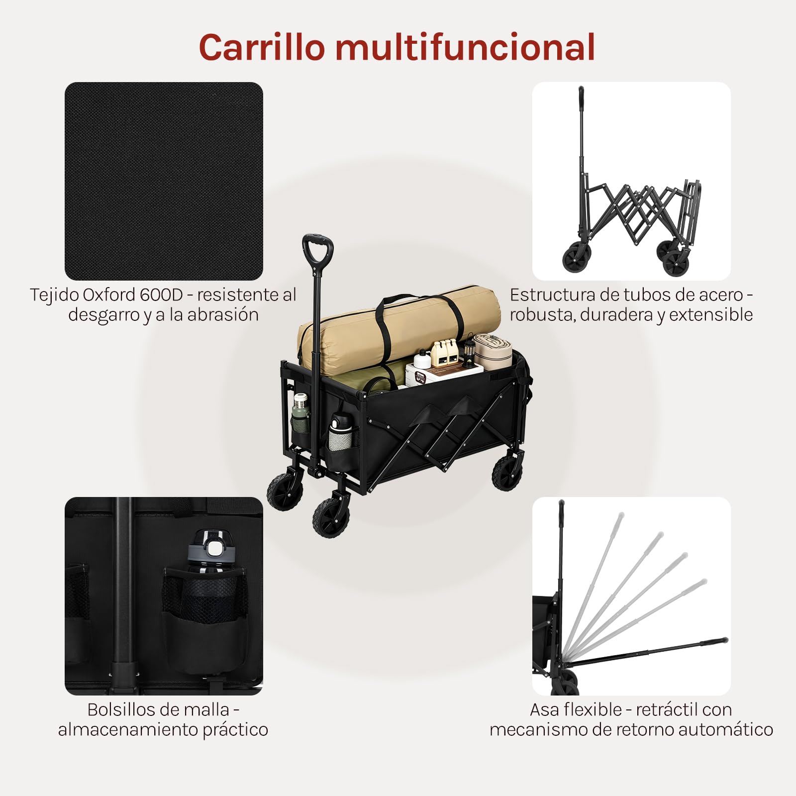 WOLTU Carrito para Jardín, Carro Plegable con Ruedas, Asa Retráctil, 2 Portavasos y Panel Trasero Plegable, Ideal para Camping y Fiestas, Metal y Tela Oxford 600D, Capacidad de Carga 150 kg, Negro