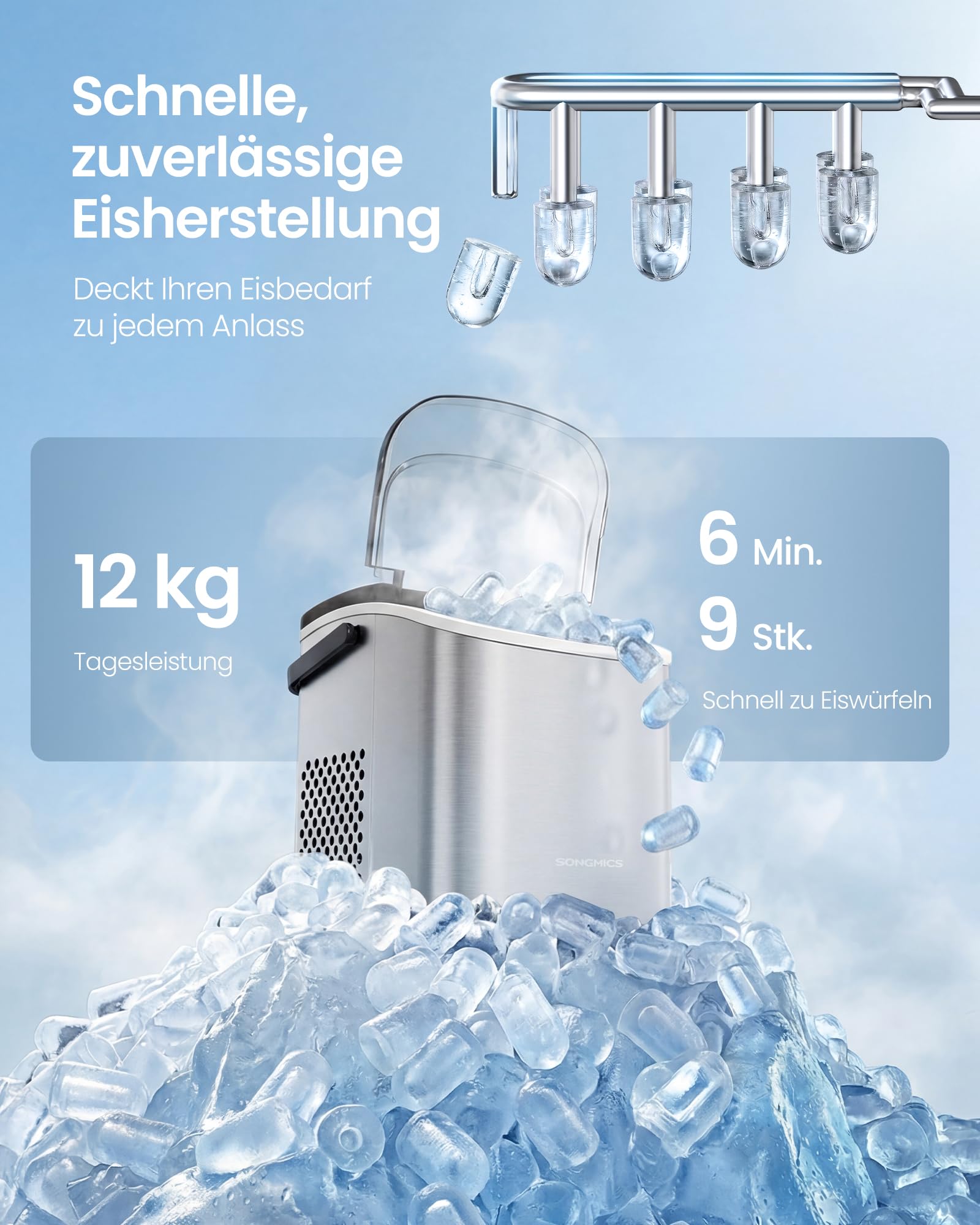 SONGMICS Eiswürfelmaschine, Eiswürfelbereiter, Eismaschine mit Selbstreinigung, in 6 Minuten 9 Würfel in 2 Größen, 12 kg in 24 Stunden, tragbar, Küche, WG, Party, Camping, Silbergrau XZB001E1EU - 3