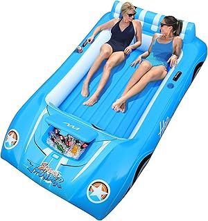 Alupssuc XL Inflatable Pool Floats Double Lounger Adult Size with Ice Bucket, 102" x 63" Extra Large and Thick Convertible Raft for Swimming Pool, Beach Tanning & Lake Floats with Headrest, Blue&White