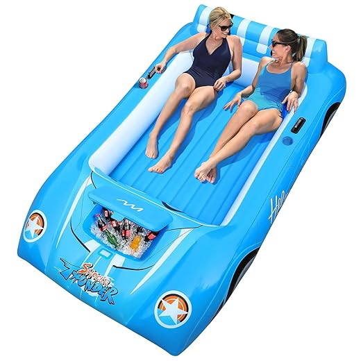 Alupssuc XL Inflatable Pool Floats Double Lounger Adult Size with Ice Bucket, 102" x 63" Extra Large and Thick Convertible Raft for Swimming Pool, Beach Tanning & Lake Headrest, Blue&White