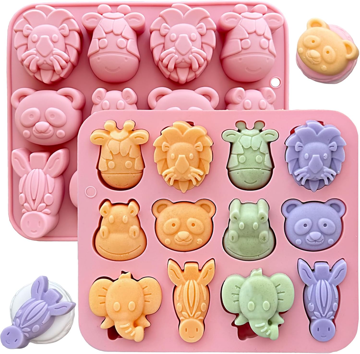 2-Pack Animal Chocolate Molds – Cute Silicone Candy Molds with Panda, Elephant, Hippo, Lion Shapes, Multi-Purpose for Chocolate, Jelly, Soap,Ice Cube Candle Making, Food-Safe & Easy to Demold