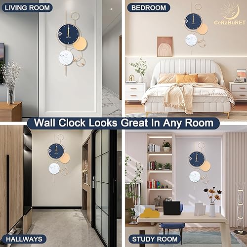Miniatura 7 de Reloj de pared azul y dorado con gancho de 30 pulgadas, reloj de pared grande moderno para sala de estar, cocina, dormitorio, interior, dorado,