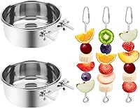 VOXGET Stainless Steel Bird Feeder Bowls & Fruit Skewers for Parrots - 2 Rust-Proof Bowls + 3 Foraging Holders, Cage Mount for Small Pets (5 Pcs Set)