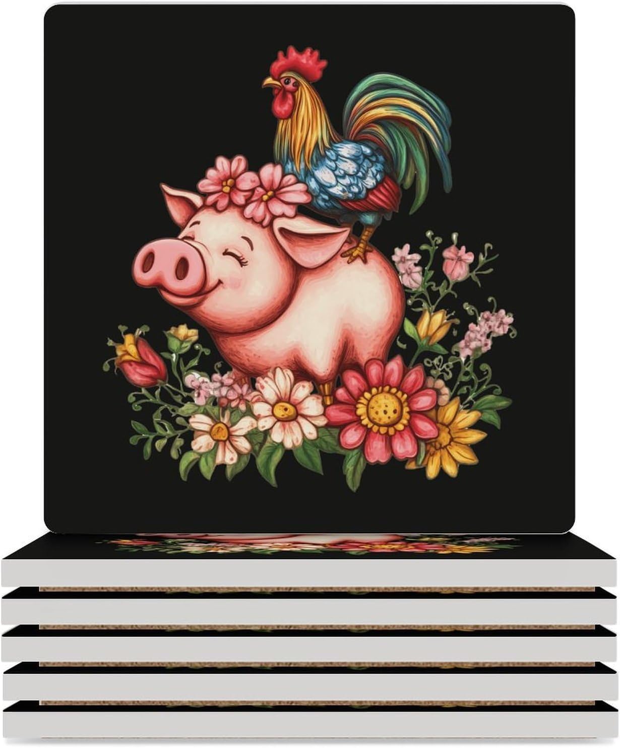 Rooster Pigs Flowers Coasters for Drinks Square Table Coasters Set Cup Mats with Cork Base