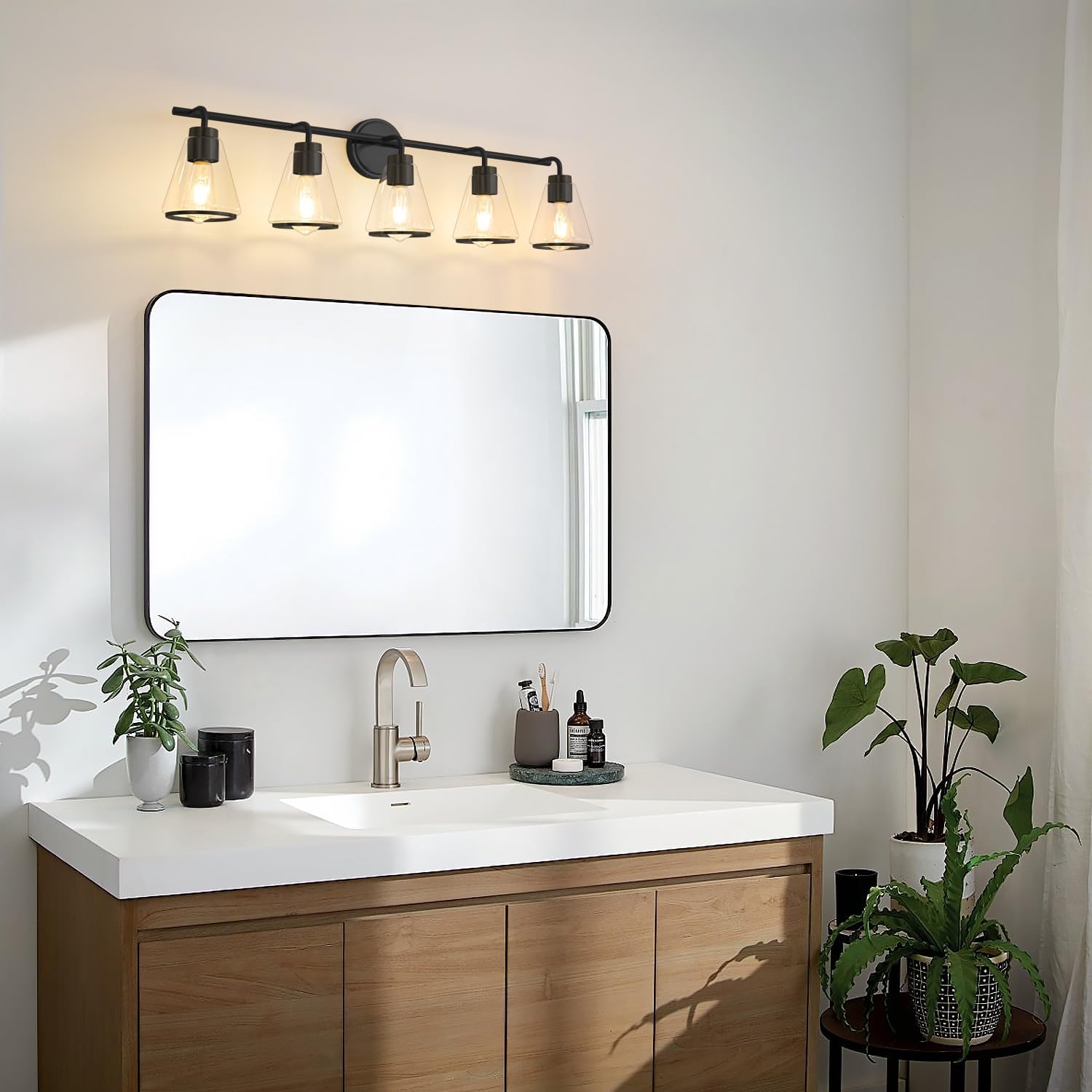 Bathroom Vanity Light 5 Light, Modern Vanity Lighting Fixture for Bathroom, 38.5" Vanity Lights with Clear Glass Shade, Black Bath-Room Wall Light Over Mirror, Wall Sconces for Bath