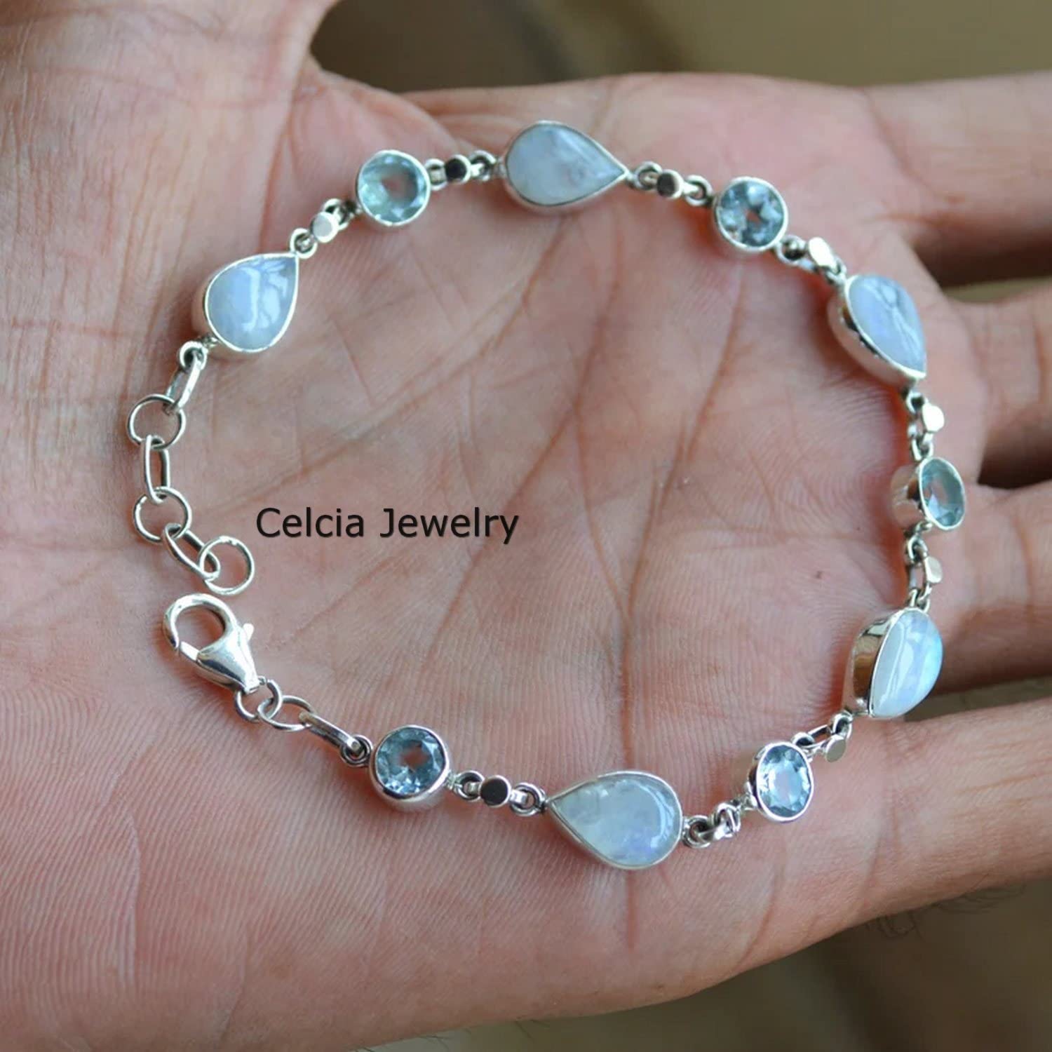 Bracciale in argento sterling 925 solido per uomo, donna, unisex, pietra di luna naturale, braccialetto con topazio blu pietra preziosa Bracciale artigianale unico per lei o per lui