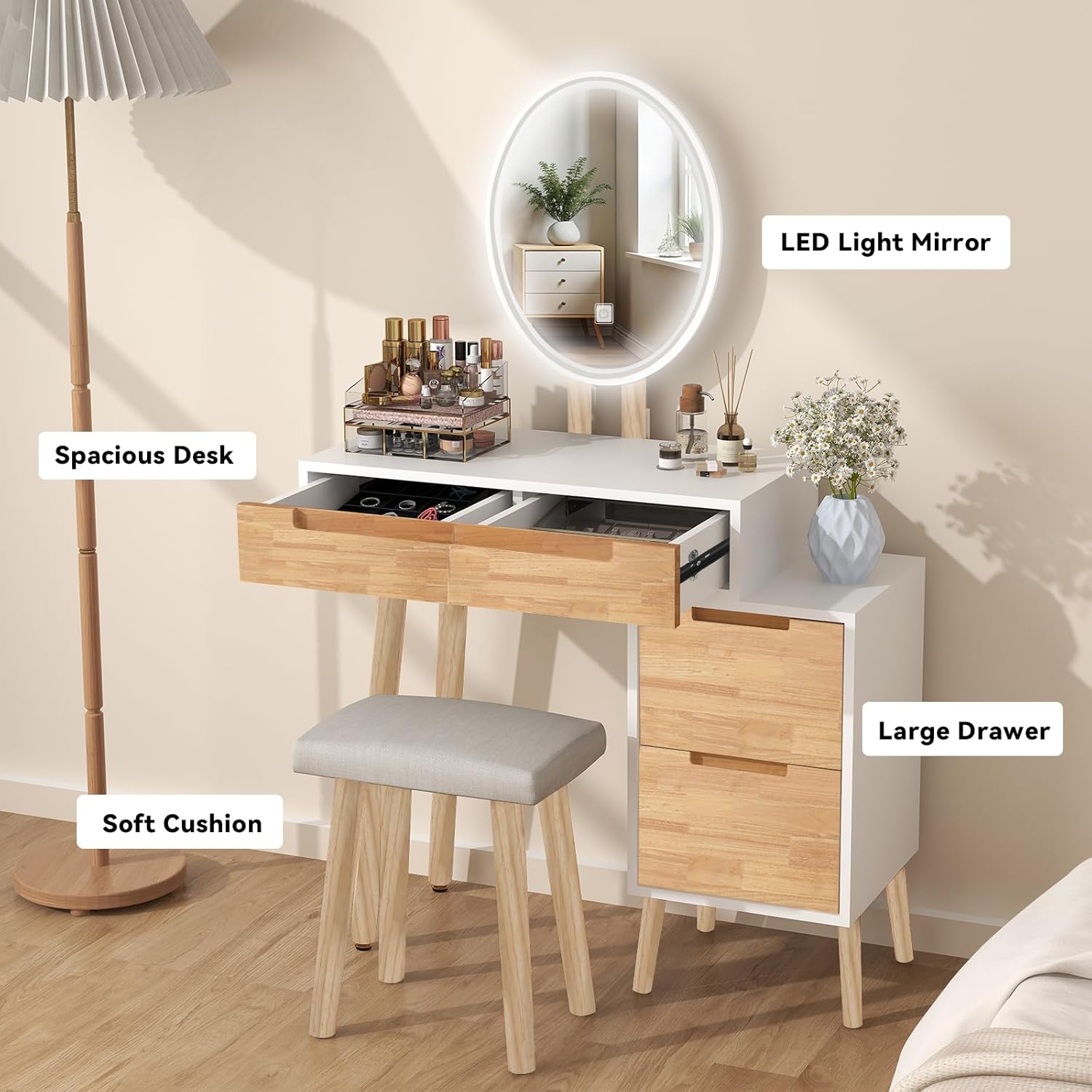 YOURLITE Makeup Vanity Desk with Lighted Mirror, 3 Color Modes & Dimmable LED Lights, Small Dressing Table with 4 Drawers and Storage, Ideal for Bedroom, Bathroom