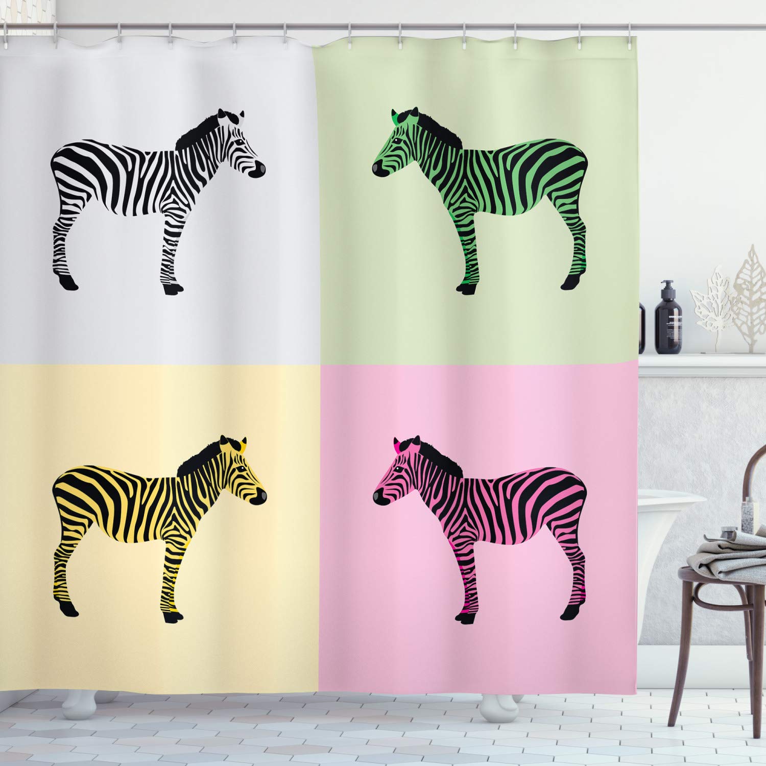 ABAKUHAUS Pink Zebra Shower Curtain, Zebras in Boxes Pop Art Avant Garde Influence Graphic