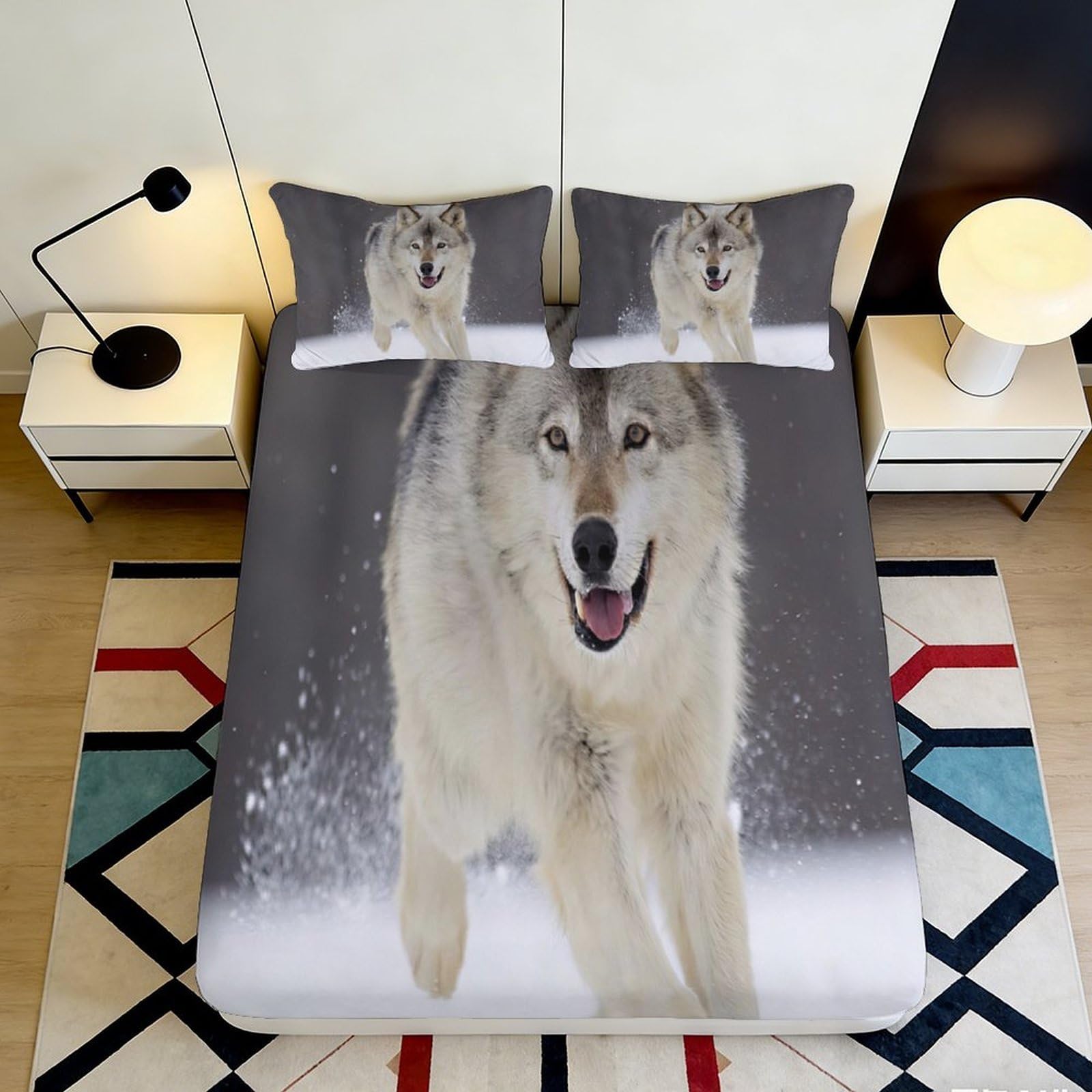 3D Printed Snow Wolf Fitted Sheet Microfiber Soft Anti-Slip Wild Forest Bed Cover for Bedroom Guest Room Decor 120x200x25cm