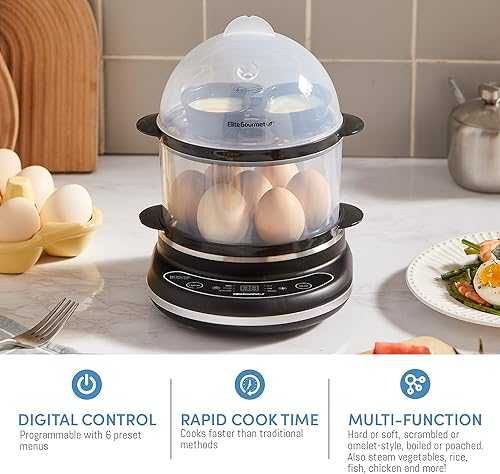 Miniatura 4 de Elite Gourmet EGC314CB - Cocedor de huevos digital fácil, vaporizador de alimentos, escalfador, huevo blando, medio, duro con 6 funciones