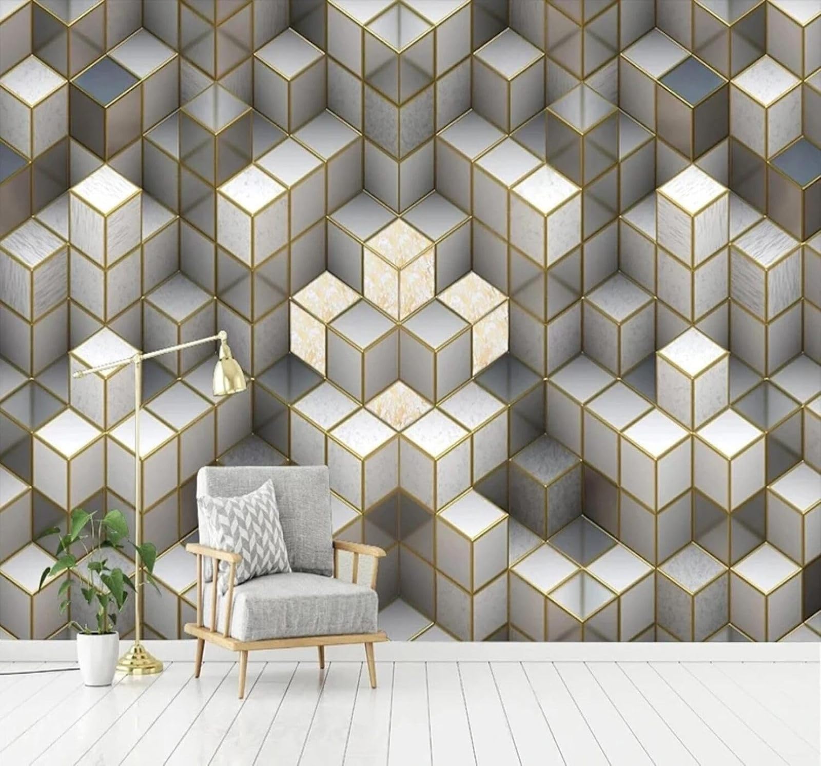XLMING Creative Three Dimensional Gold Cube Unique 3D Wallpaper Luxury Silk Study Dining Feature Sofa Grey Bedroom Living Room Tv Decorative Wall-350cm×256cm