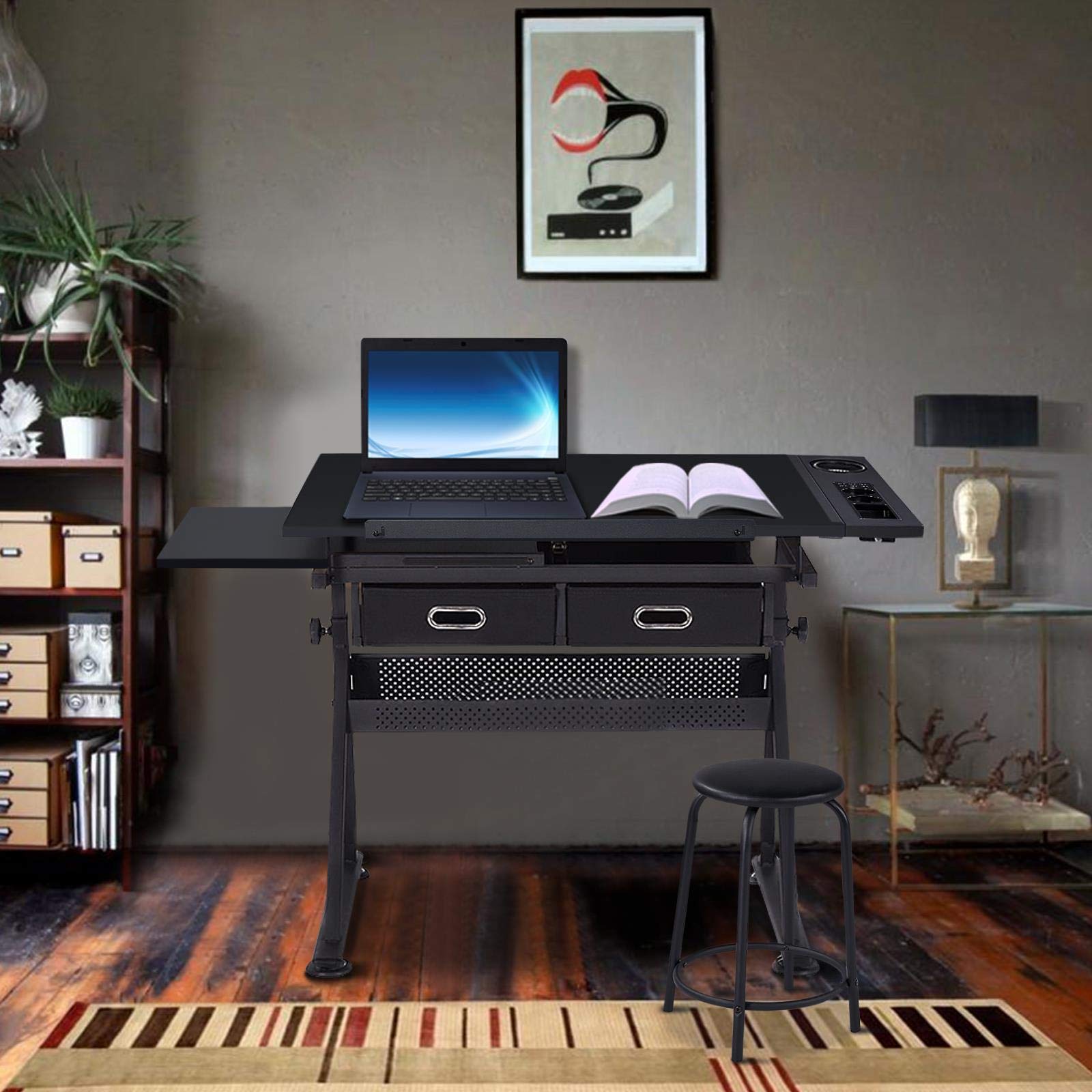 Yaheetech Mesa de Dibujo para arquitectos, Altura Ajustable, Mesa de Trabajo Ajustable, Escritorio para Estudiantes con Taburete y cajones para técnicos, arquitectos, Color Negro