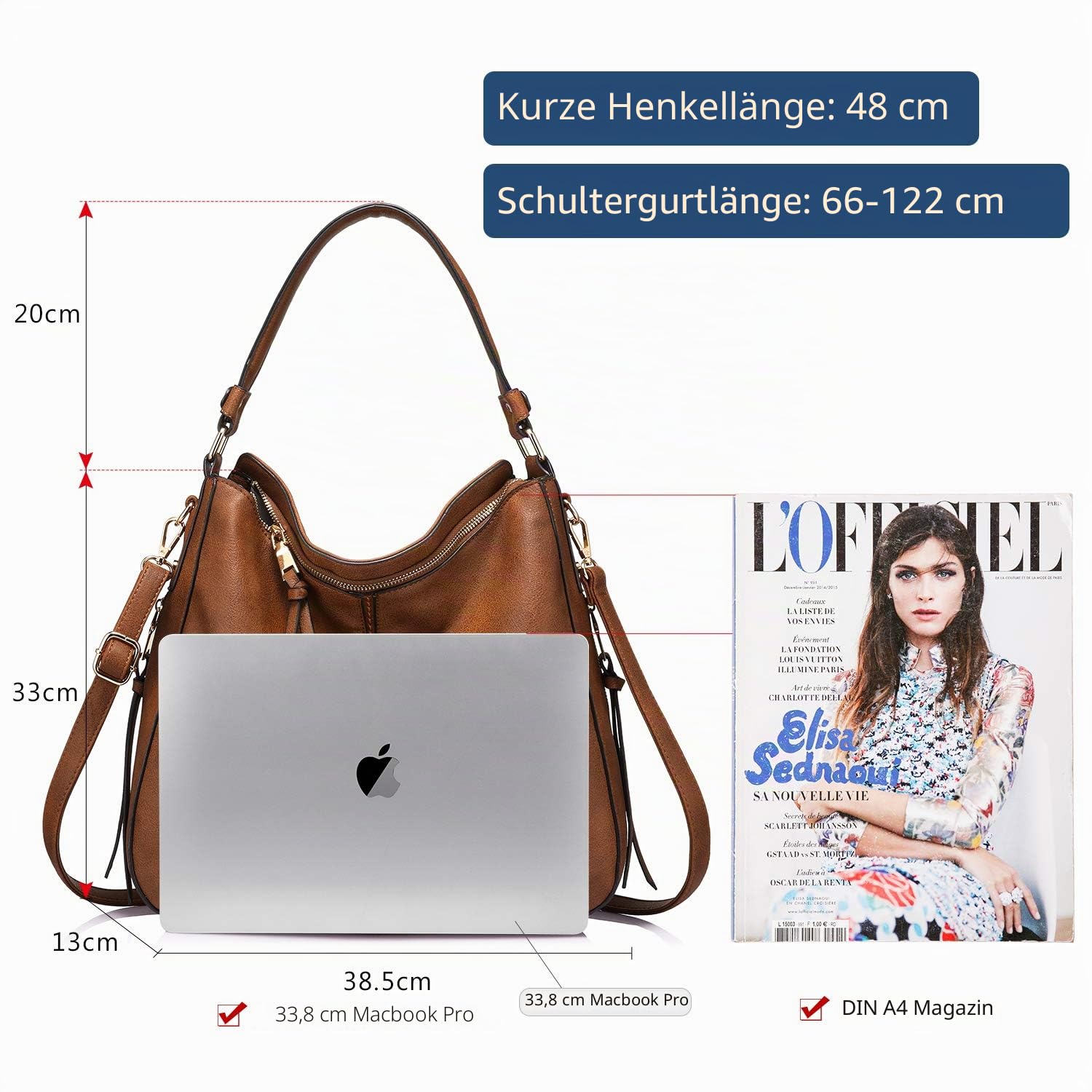 Realer Handtasche Damen Mittelgroß, Shopper Tasche Groß, PU Leder Schultertasche Umhängetasche, Vintage Hobo Bag für Büro Arbeit Einkauf, Braun